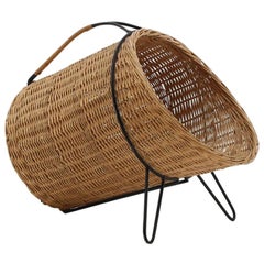 Used Scandinavian Midcentury Firewood Basket in Cane and Metal