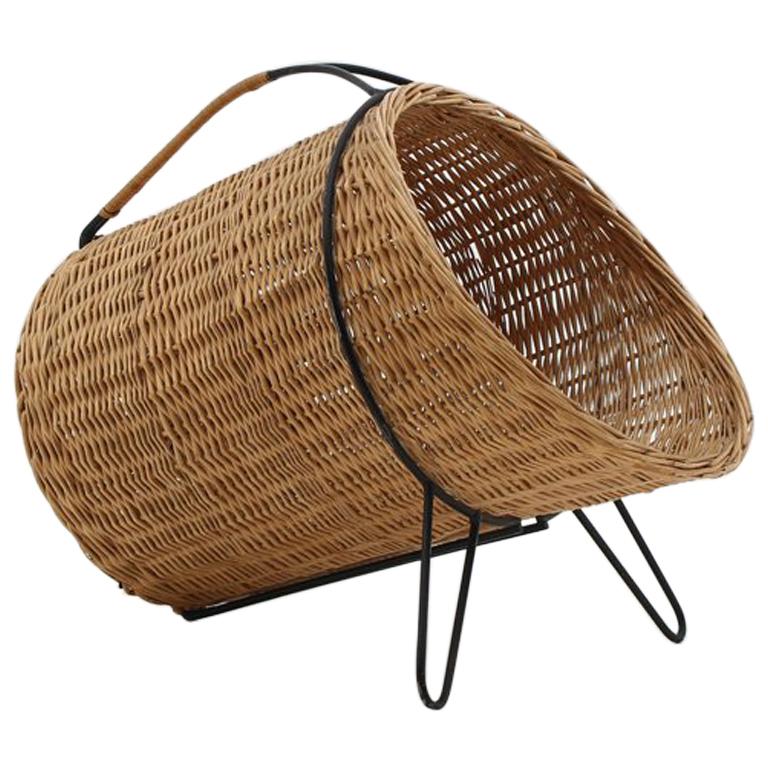 Scandinavian Midcentury Firewood Basket in Cane and Metal at 1stDibs