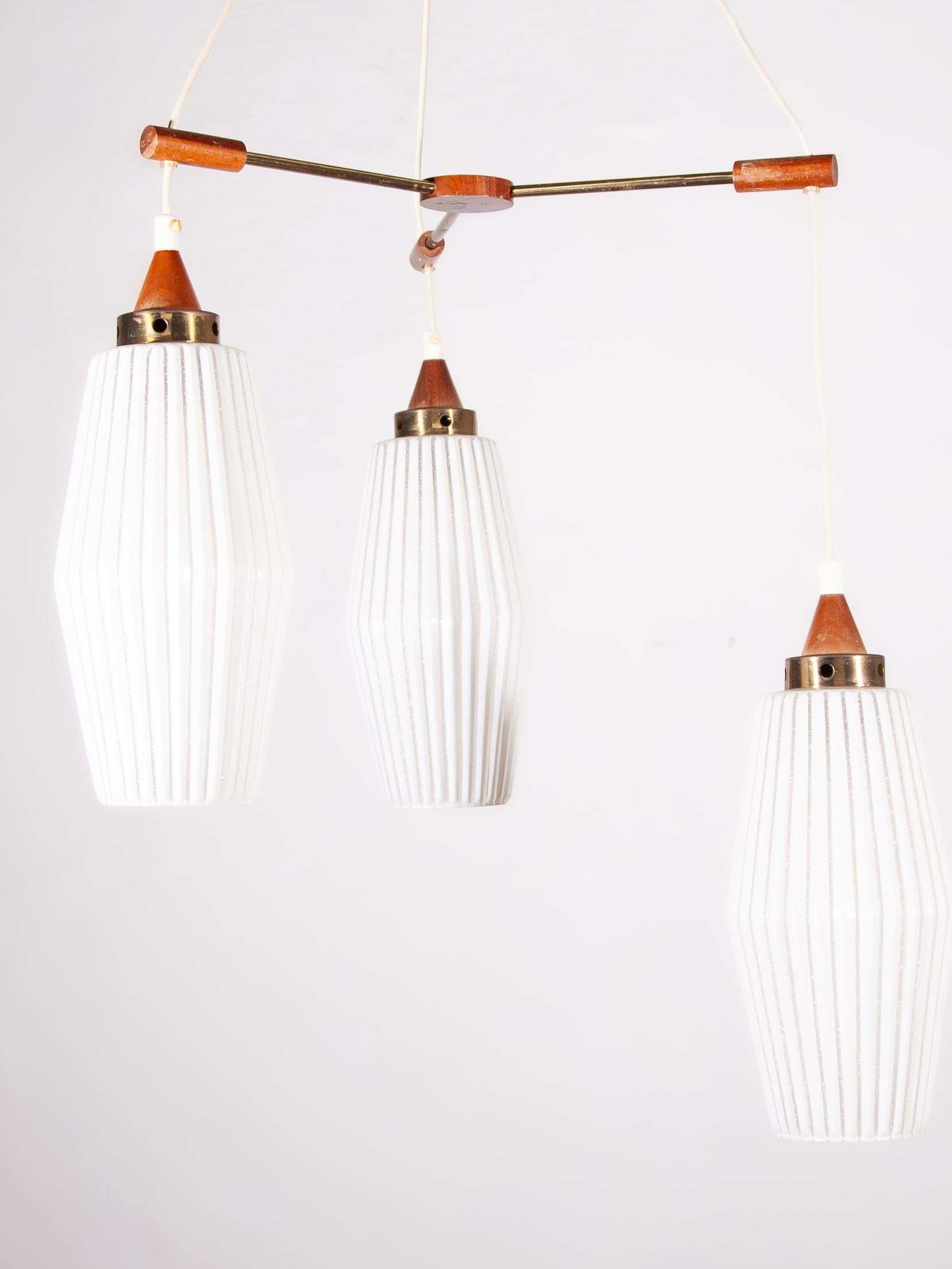 Opaline Glass Scandinavian Midcentury Modern Cascade Lamp with Teak Accents, 1950s For Sale