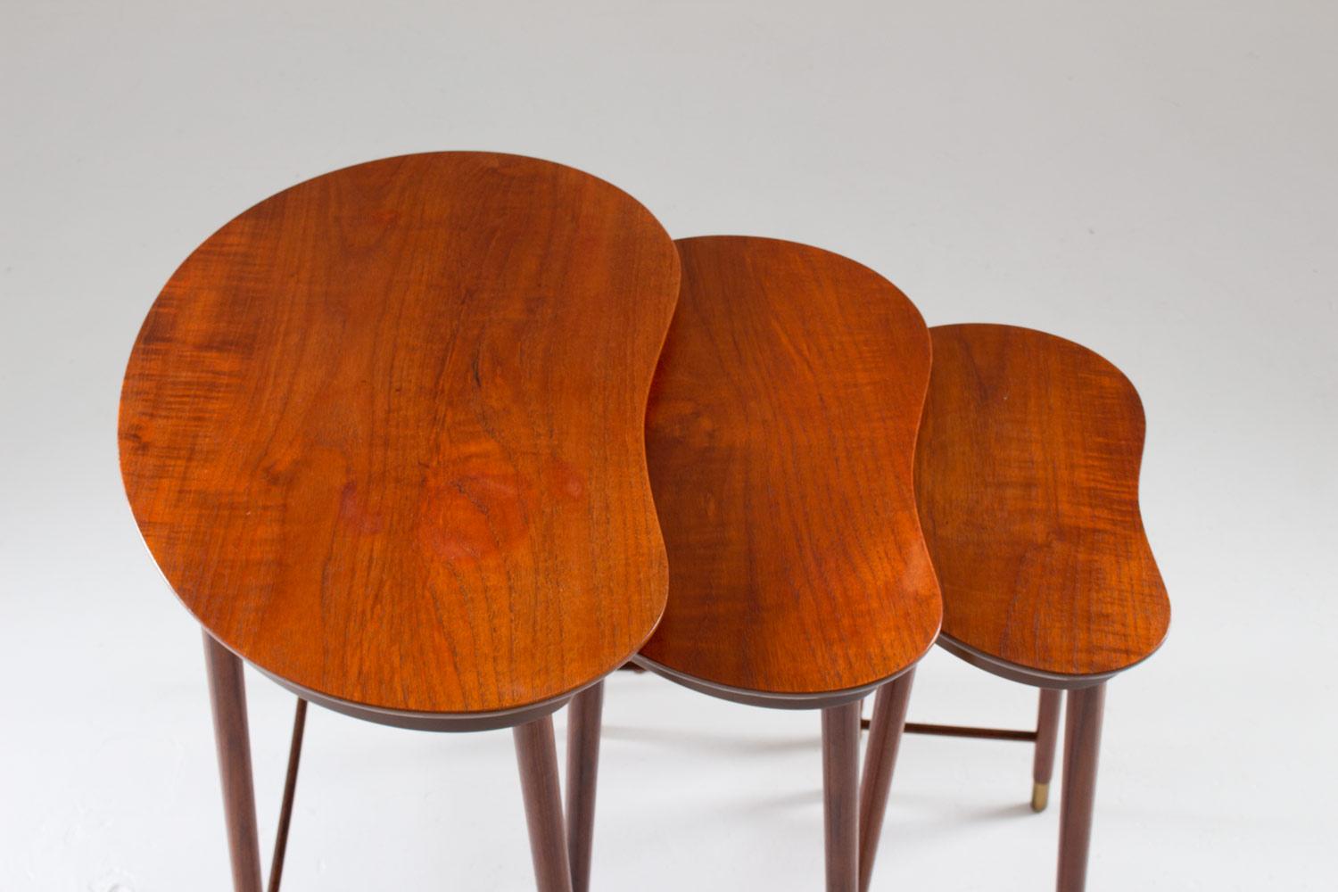 Mid-Century Modern Scandinavian Midcentury Nesting Tables in Teak and Brass