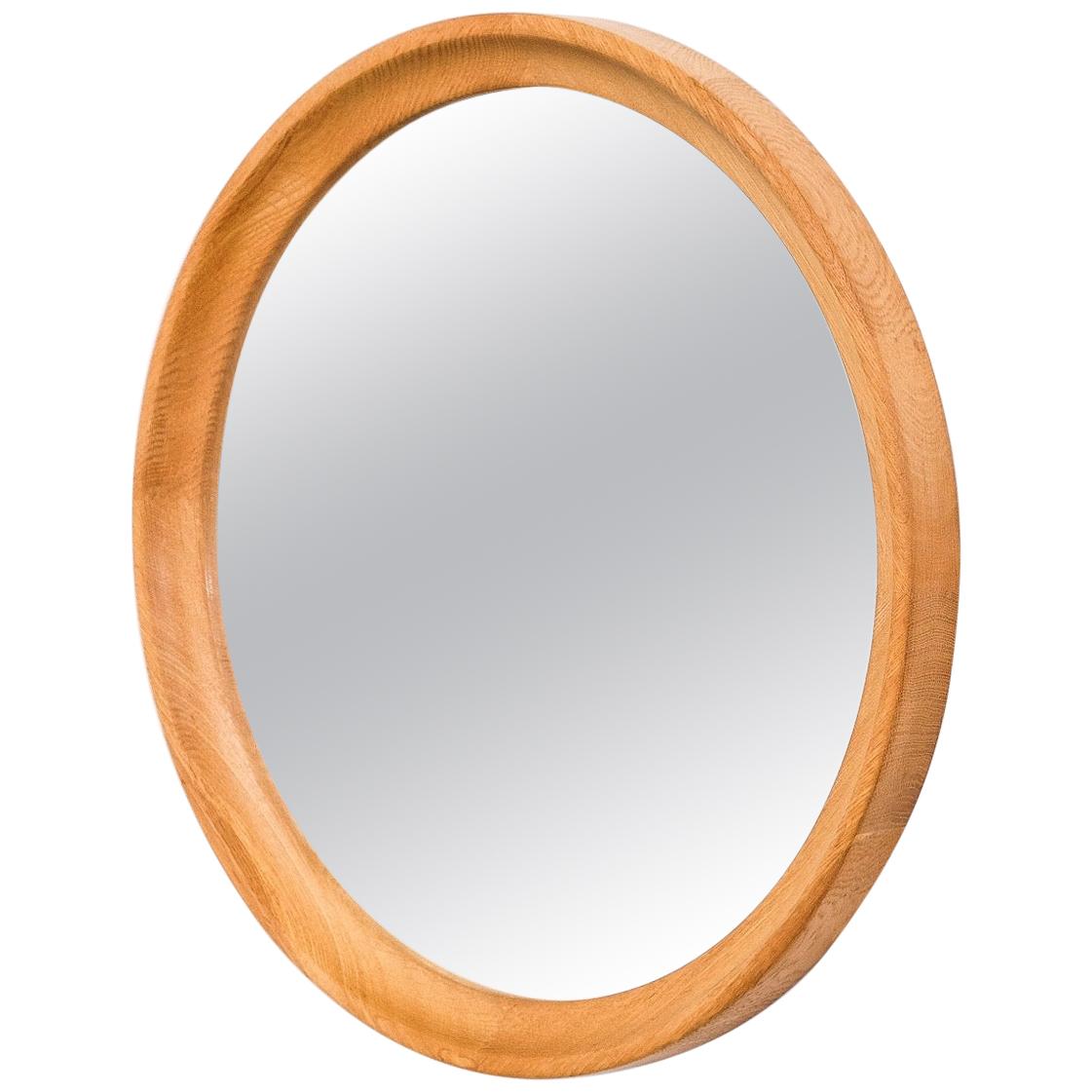 Scandinavian Midcentury Oak Framed Round Wall Mirror