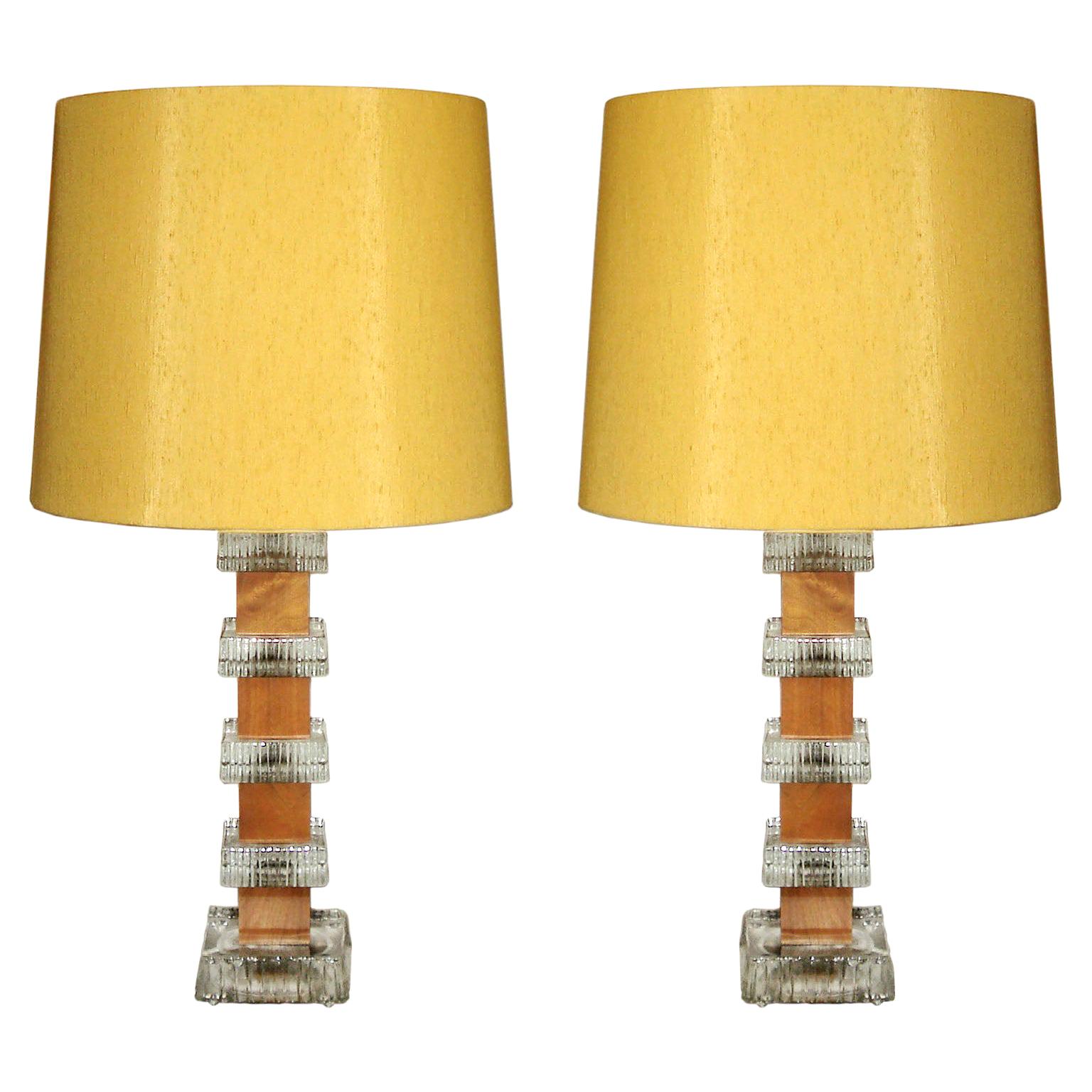 Scandinavian Midcentury Pair of Teak and Crystal Table Lamps