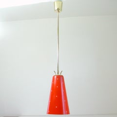 Scandinavian Midcentury Red Glass and Brass Pendant, 1950s