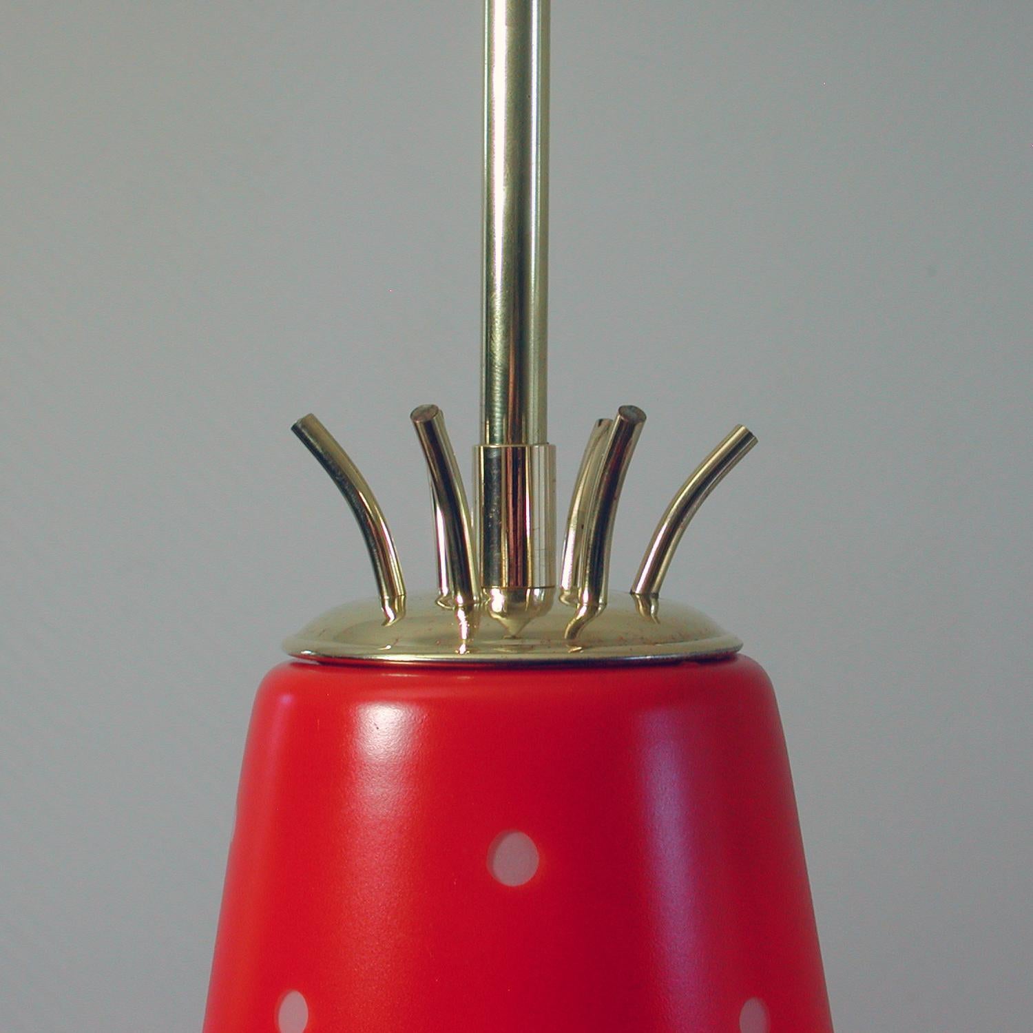 Swedish Scandinavian Midcentury Red Glass and Brass Pendant, 1950s For Sale