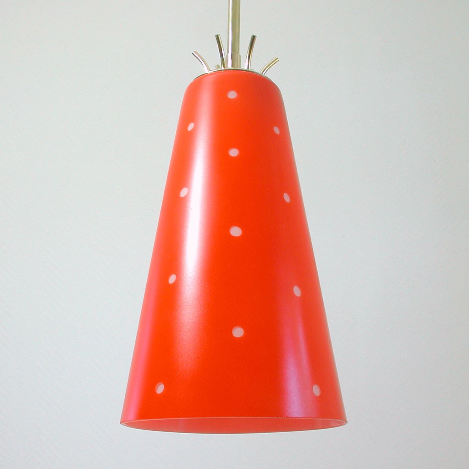 Mid-20th Century Scandinavian Midcentury Red Glass and Brass Pendant, 1950s For Sale