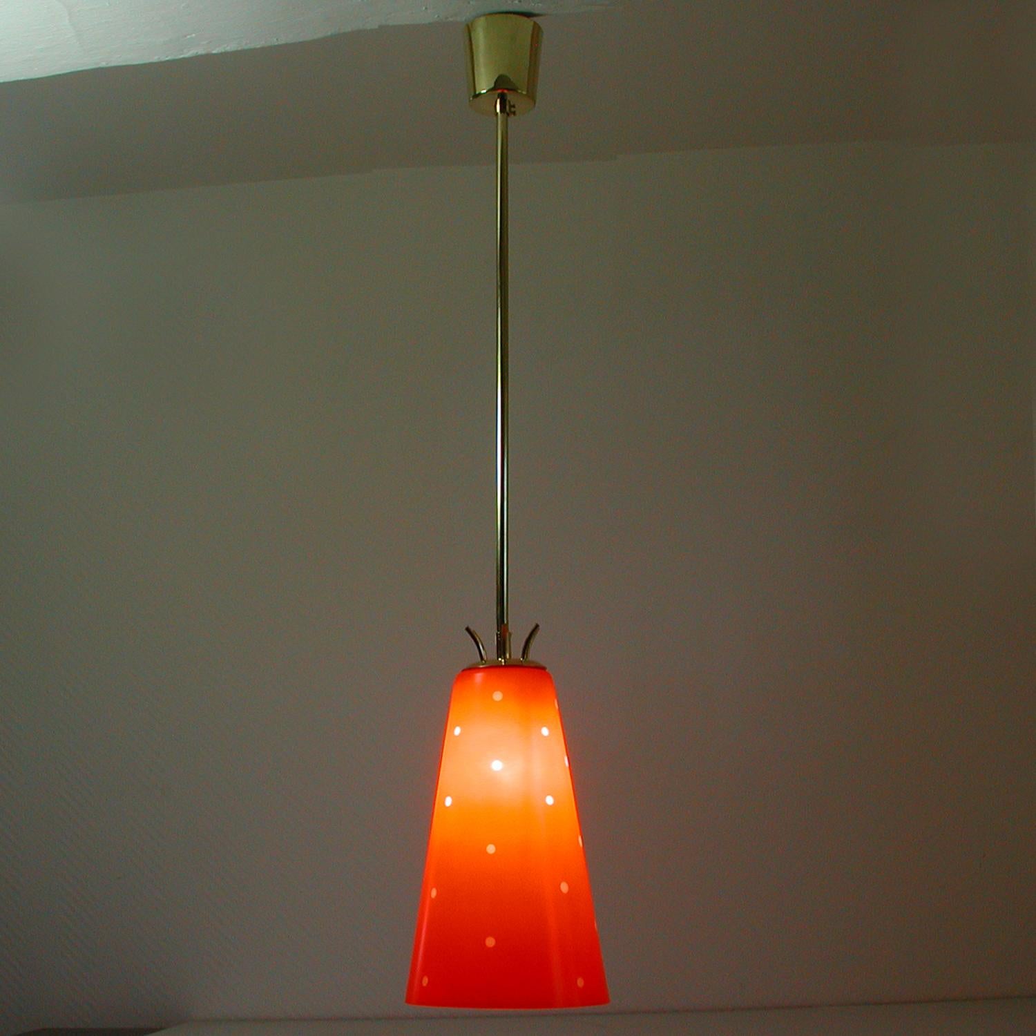 Scandinavian Midcentury Red Glass and Brass Pendant, 1950s For Sale 1