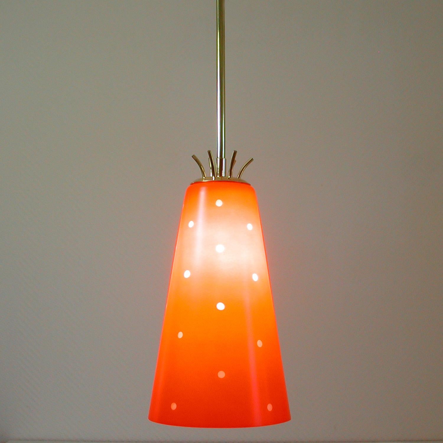 Scandinavian Midcentury Red Glass and Brass Pendant, 1950s For Sale 2