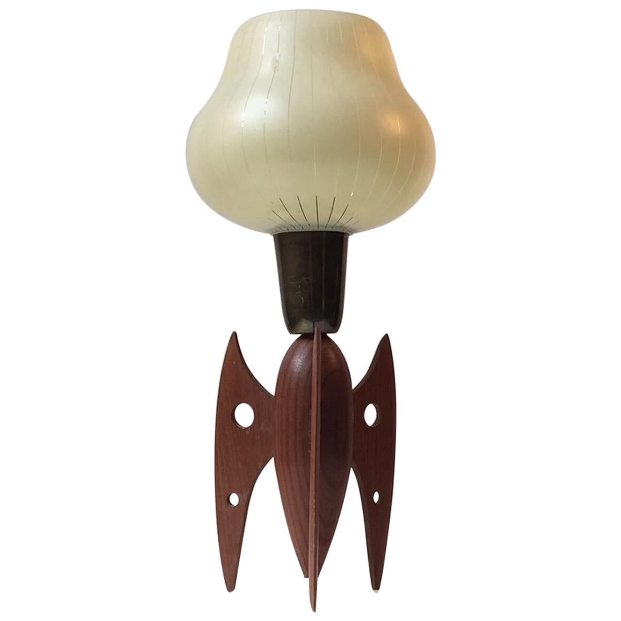 Scandinavian Midcentury Rocket Shaped Table Lamp in Teak and Pin-Stripe Glass