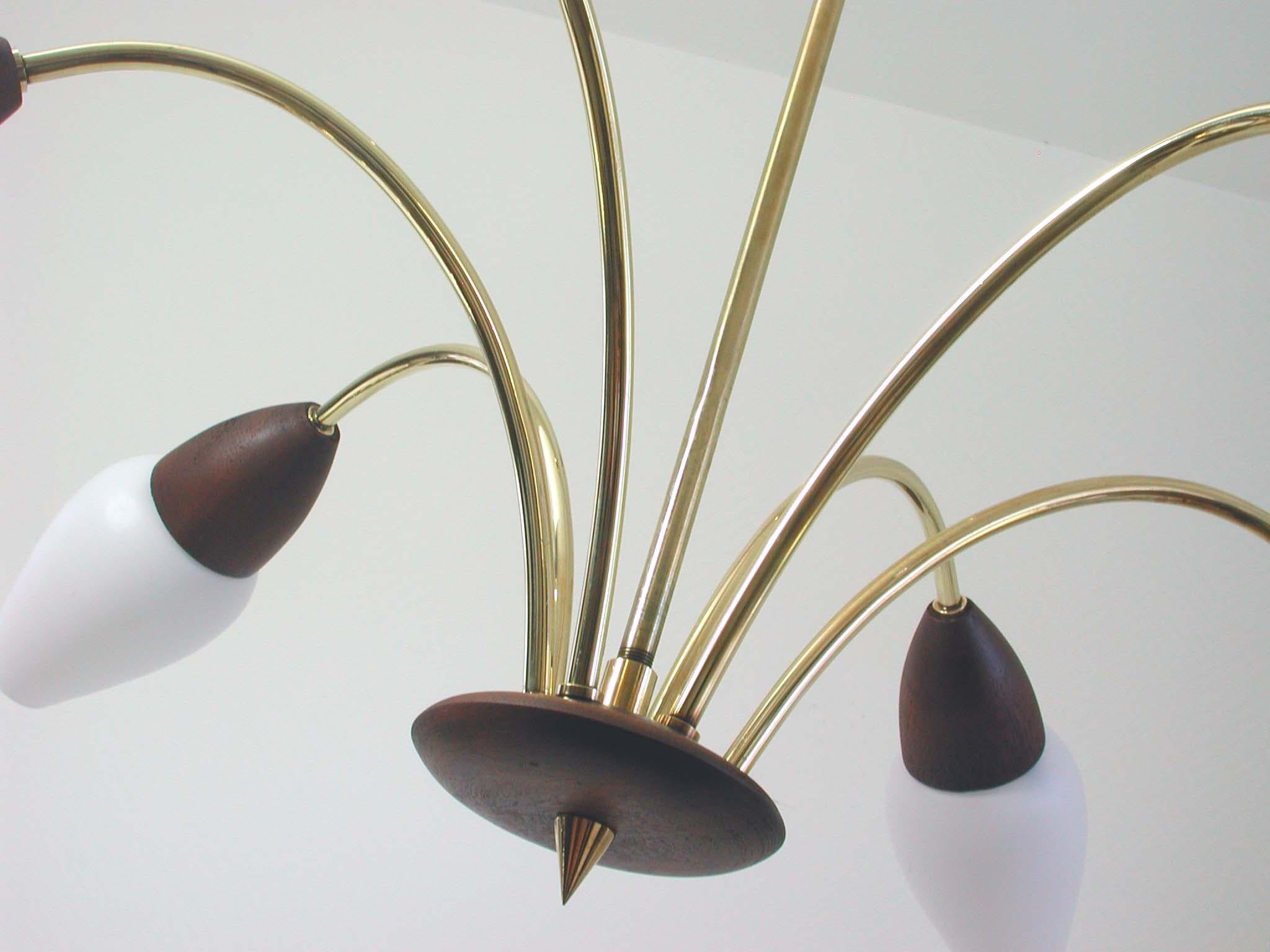 Mid-20th Century Scandinavian Midcentury Teak and Opal Glass Six-Light Chandelier, 1960s