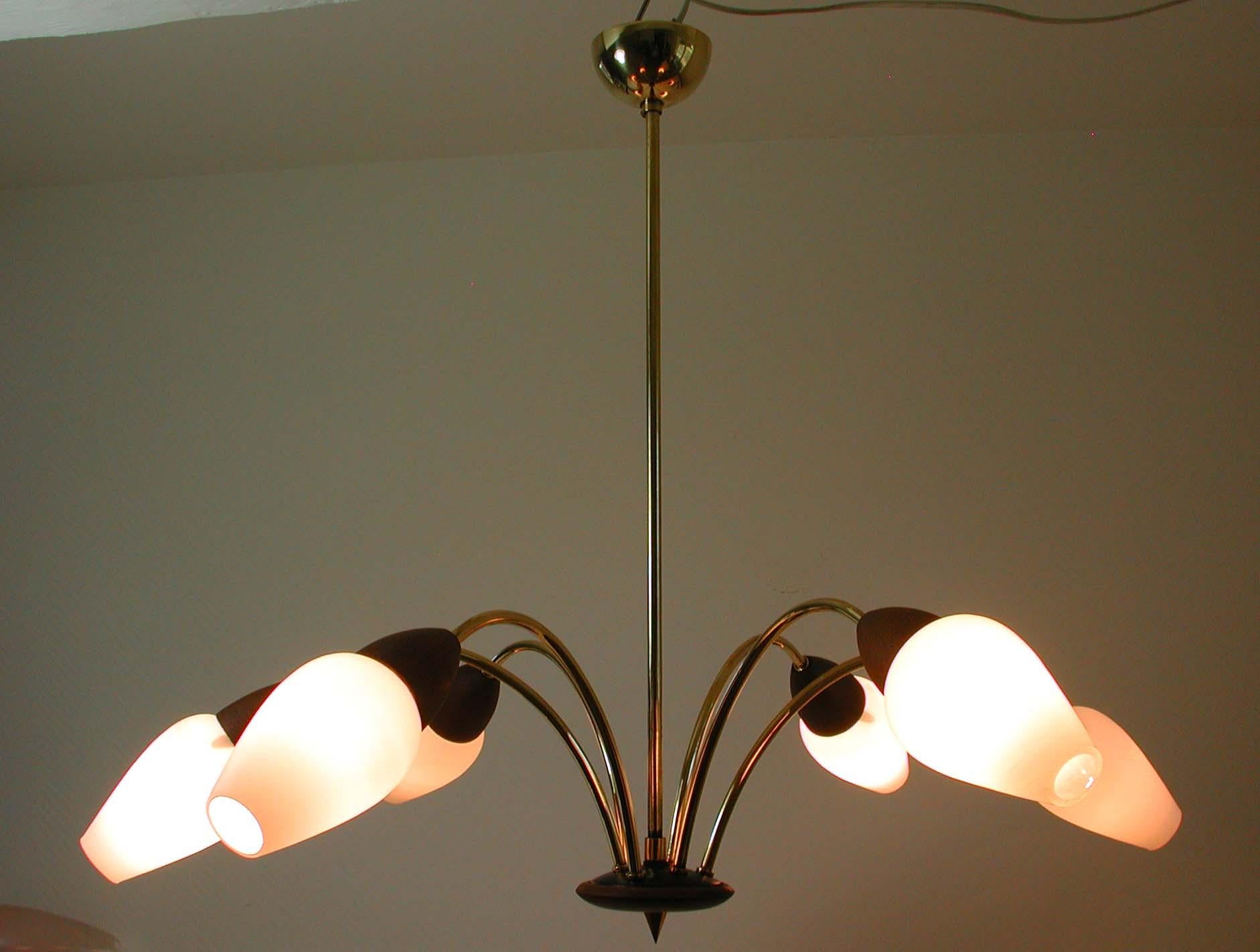 Scandinavian Midcentury Teak and Opal Glass Six-Light Chandelier, 1960s 1