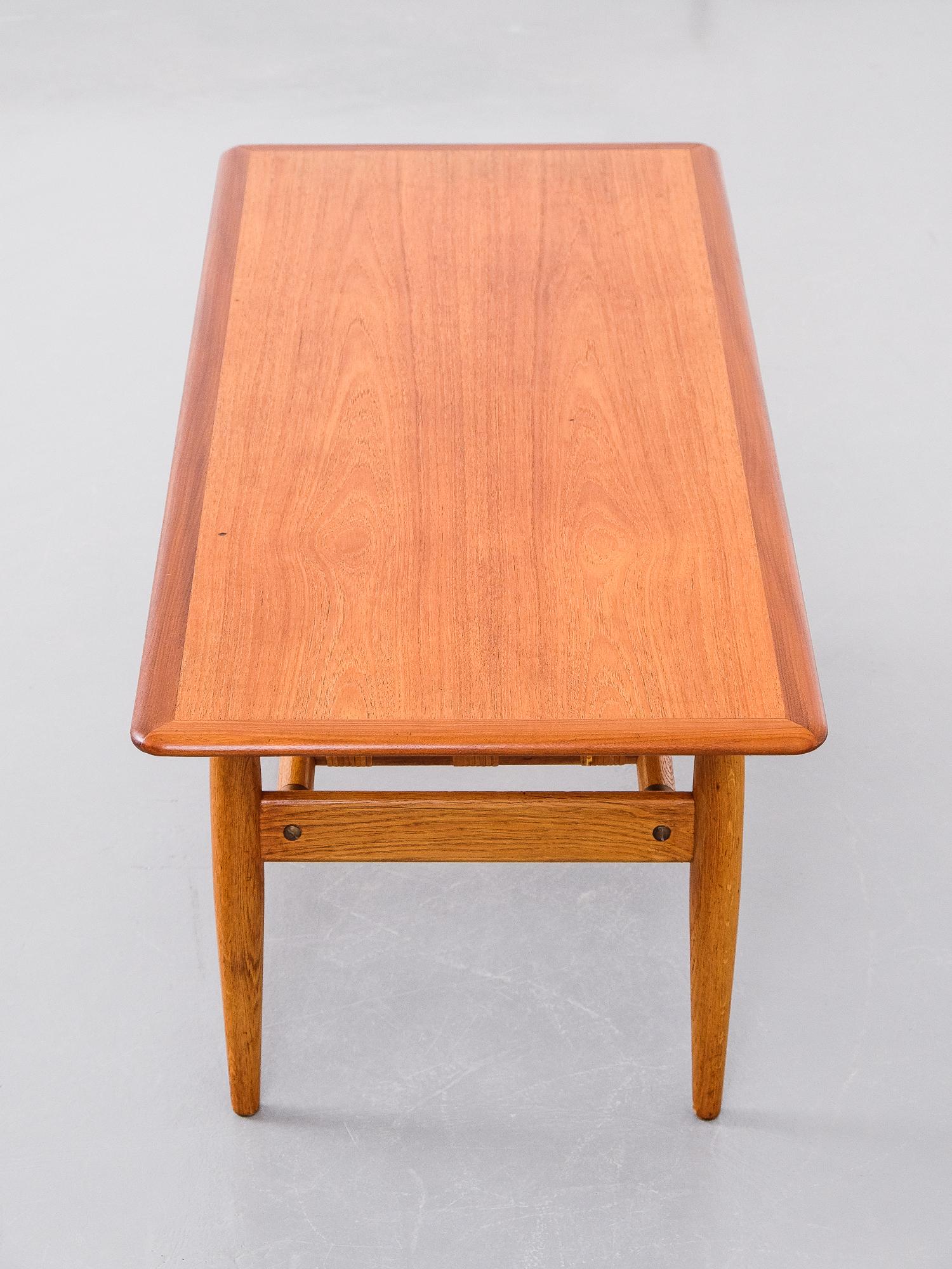 Scandinavian Midcentury Teak and Oak Coffee Table with Woven Cane Shelf 4