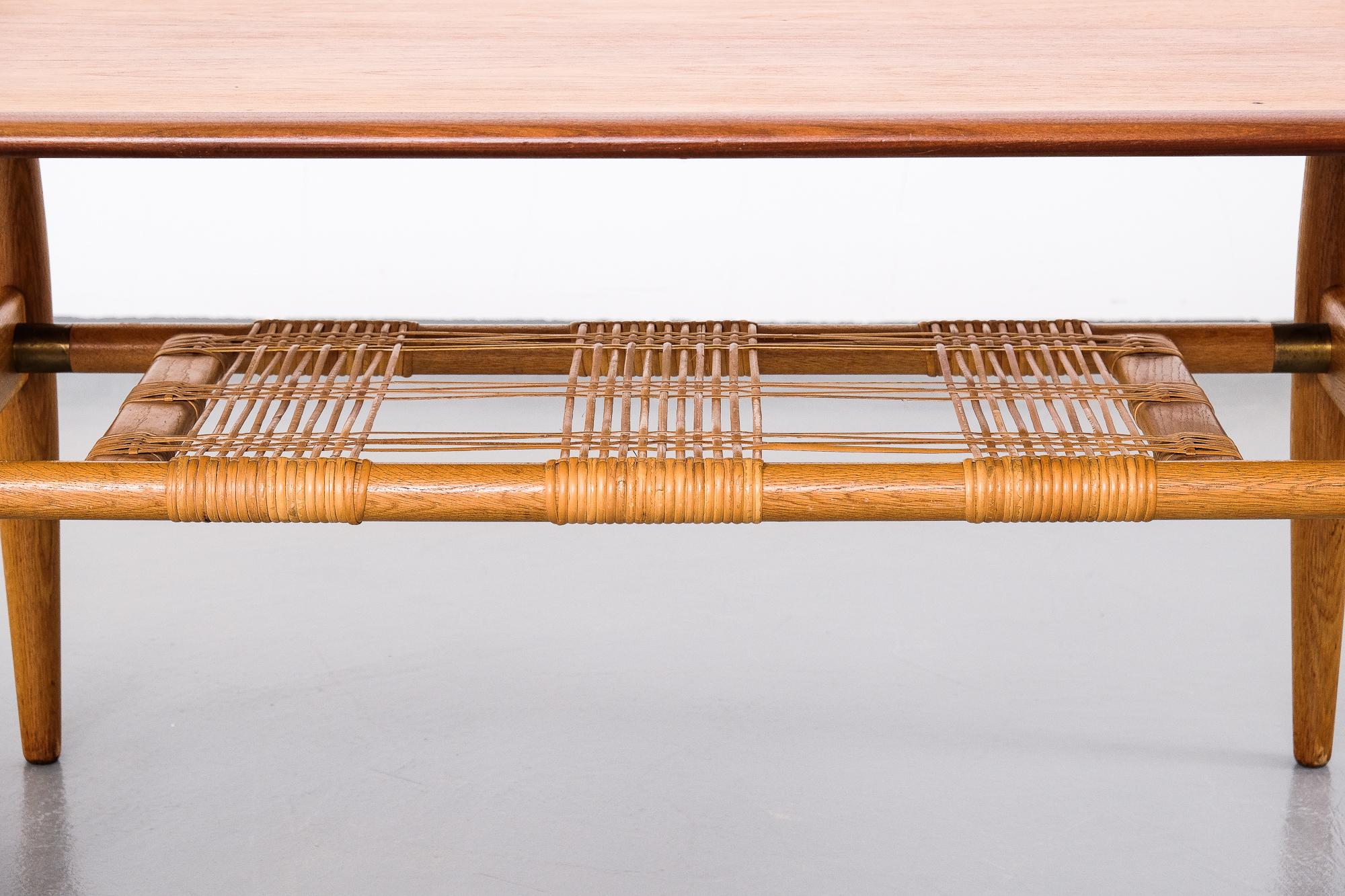 Danish Scandinavian Midcentury Teak and Oak Coffee Table with Woven Cane Shelf