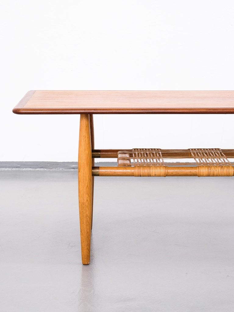 Scandinavian Midcentury Teak and Oak Coffee Table with Woven Cane Shelf