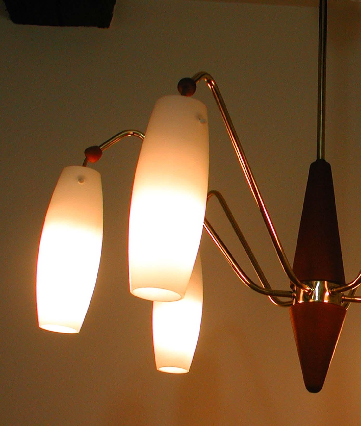 Scandinavian Midcentury Teak and Satin Glass Six-Light Chandelier, Sweden, 1960s 3