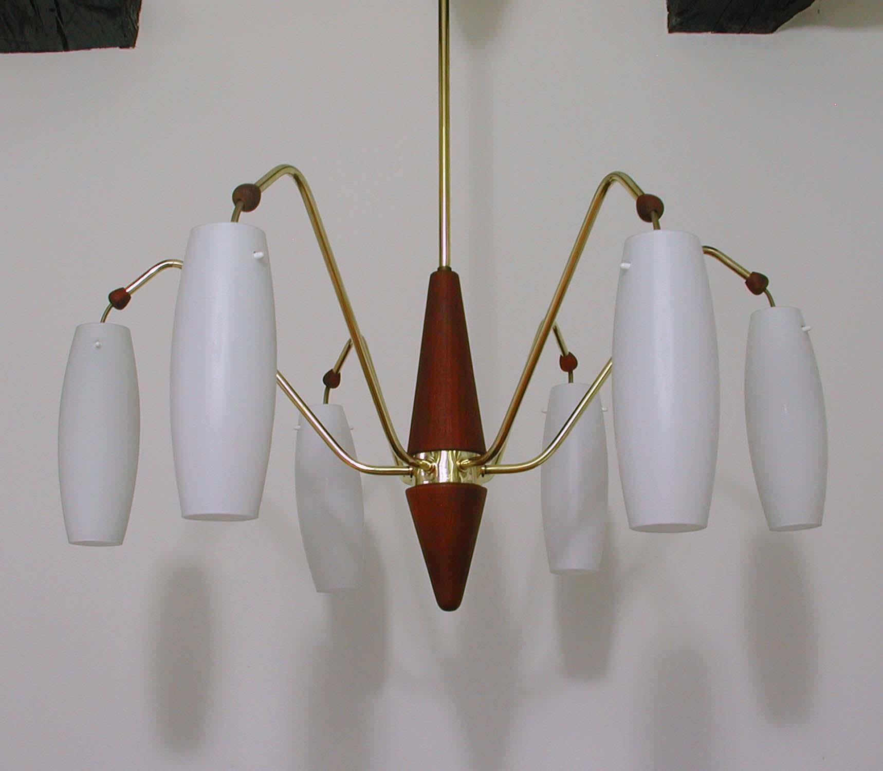 Scandinavian Midcentury Teak and Satin Glass Six-Light Chandelier, Sweden, 1960s 4