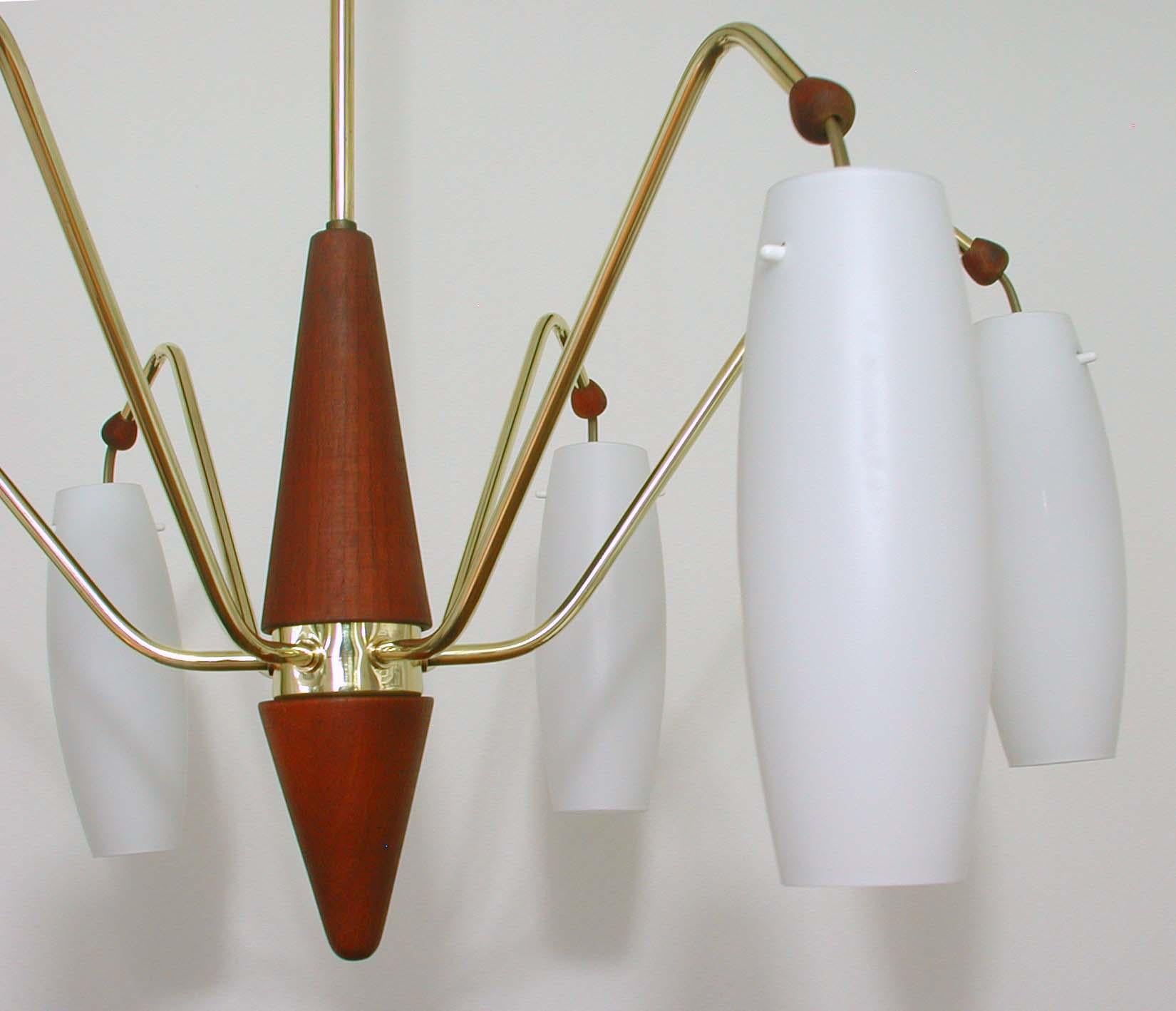 Scandinavian Modern Scandinavian Midcentury Teak and Satin Glass Six-Light Chandelier, Sweden, 1960s