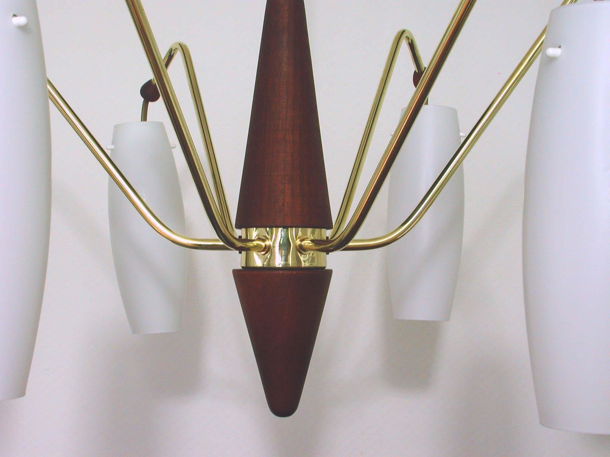 Scandinavian Midcentury Teak and Satin Glass Six-Light Chandelier, Sweden, 1960s In Good Condition In NUEMBRECHT, NRW