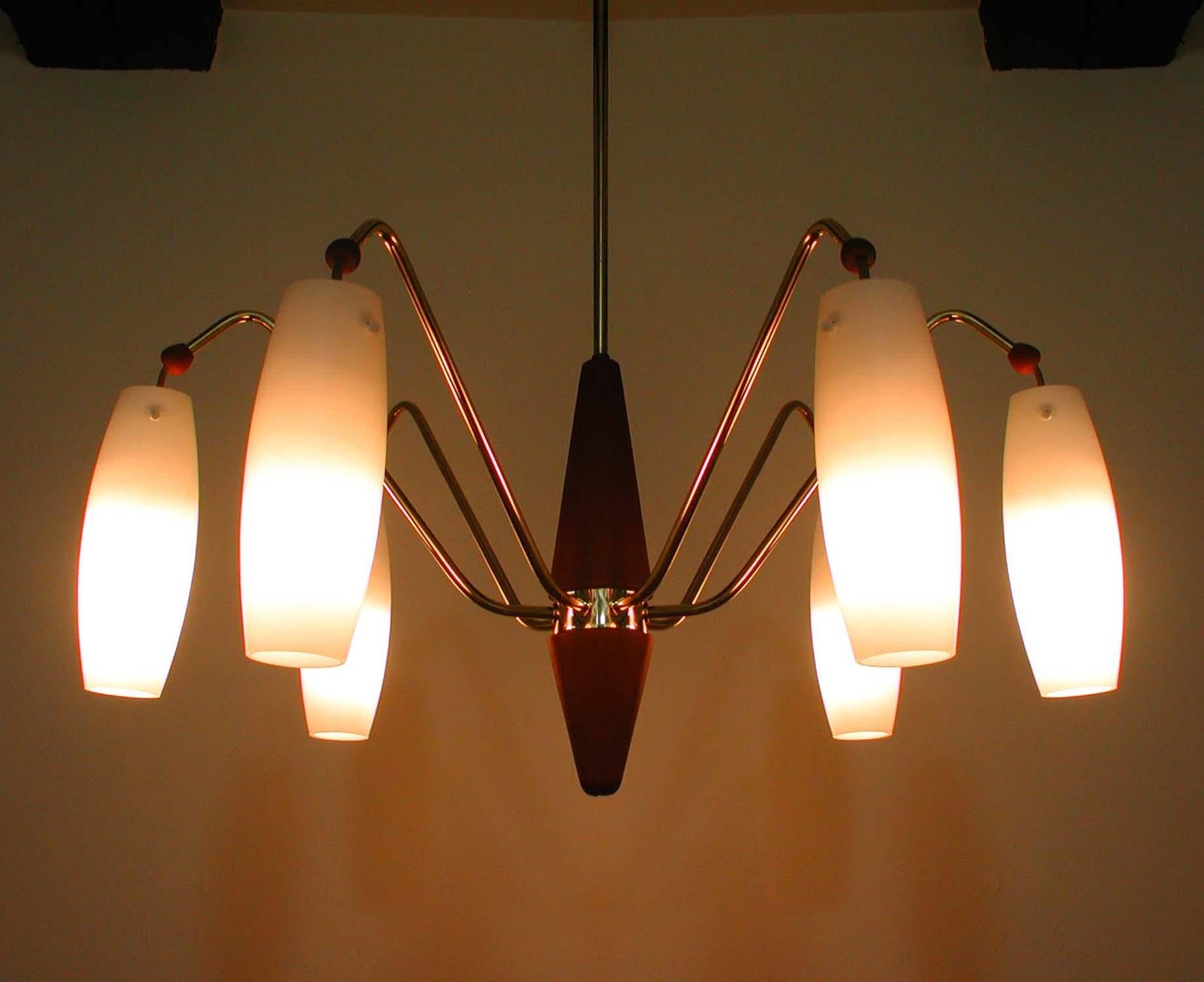 Scandinavian Midcentury Teak and Satin Glass Six-Light Chandelier, Sweden, 1960s 2