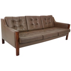 Scandinavian Midcentury Three-Seat Leather Sofa and Rosewood, 1970s