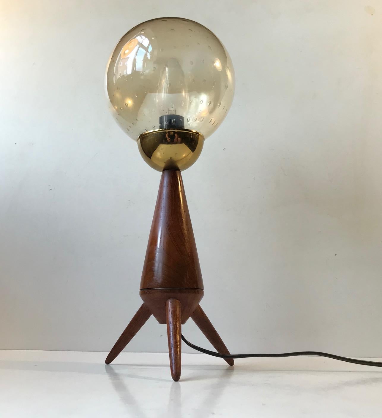 Scandinavian Midcentury Tripod Table Lamp in Teak and Glass, 1960s For Sale 2