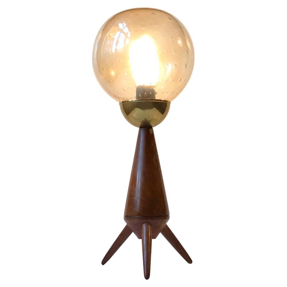 Scandinavian Midcentury Tripod Table Lamp in Teak and Glass, 1960s For Sale