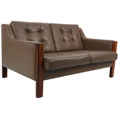 Scandinavian Midcentury Two-Seat Leather Sofa and Rosewood, 1970s