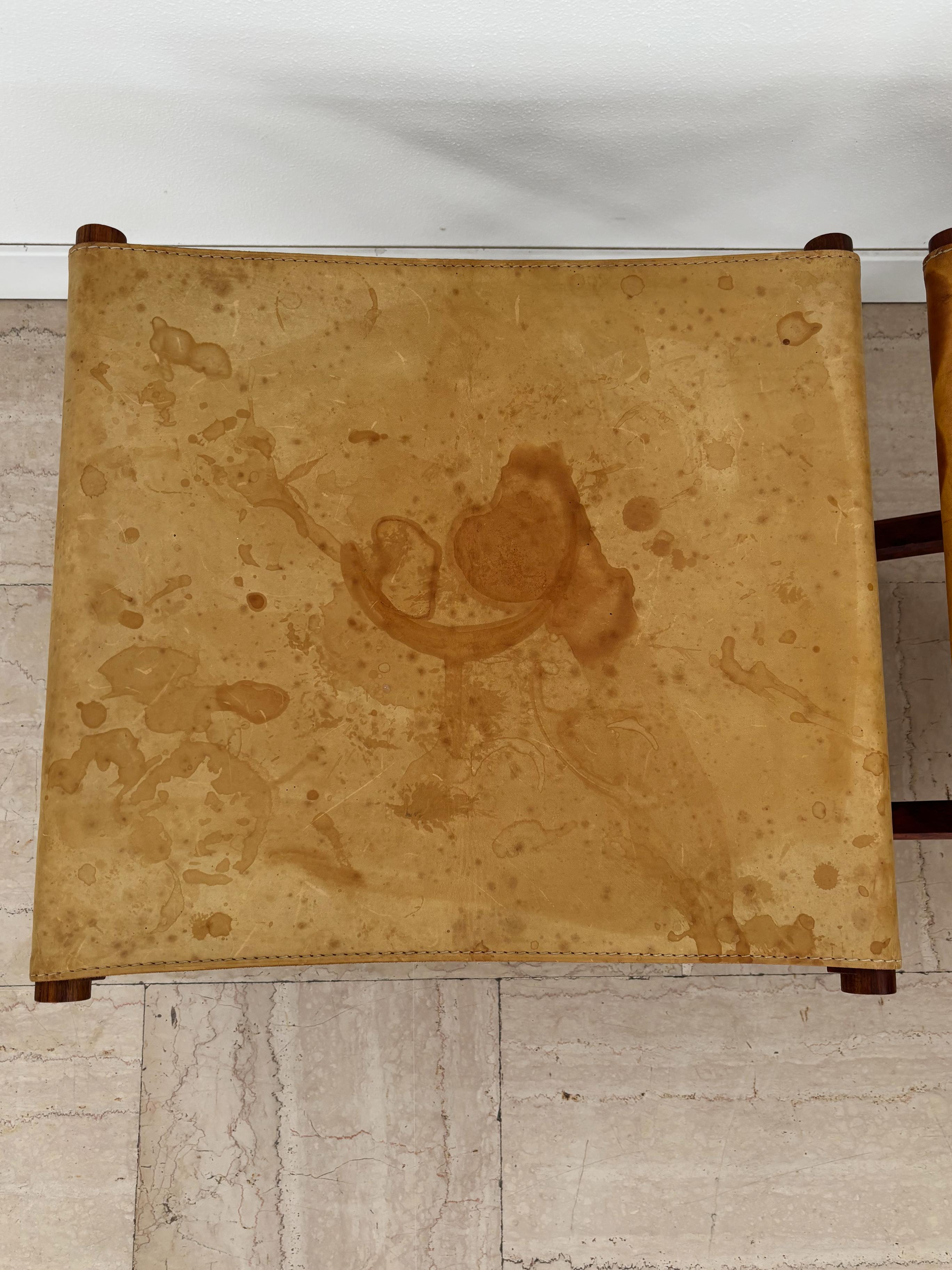 Scandinavian Midcentury Wood Leather Stools Poul Hundevad Style 1960s In Good Condition For Sale In Reggio Emilia, IT