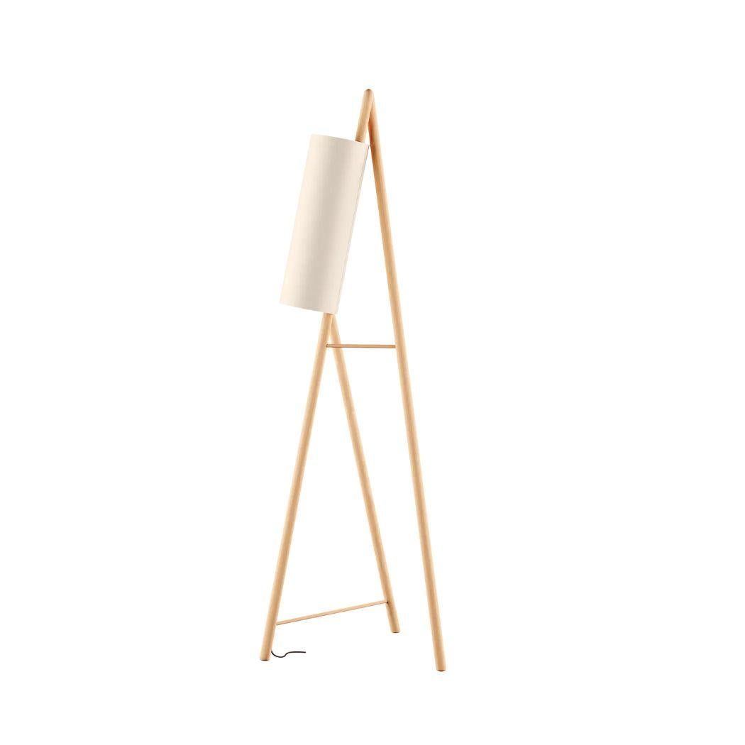 Portuguese Scandinavian Minimal Tripod Floor Lamp Three Leg in Wood & Cylinder Lamp Shade For Sale