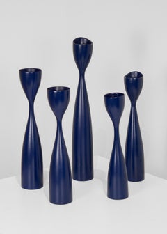 Scandinavian Minimalist Blue Wooden Candle Sticks Set of Five