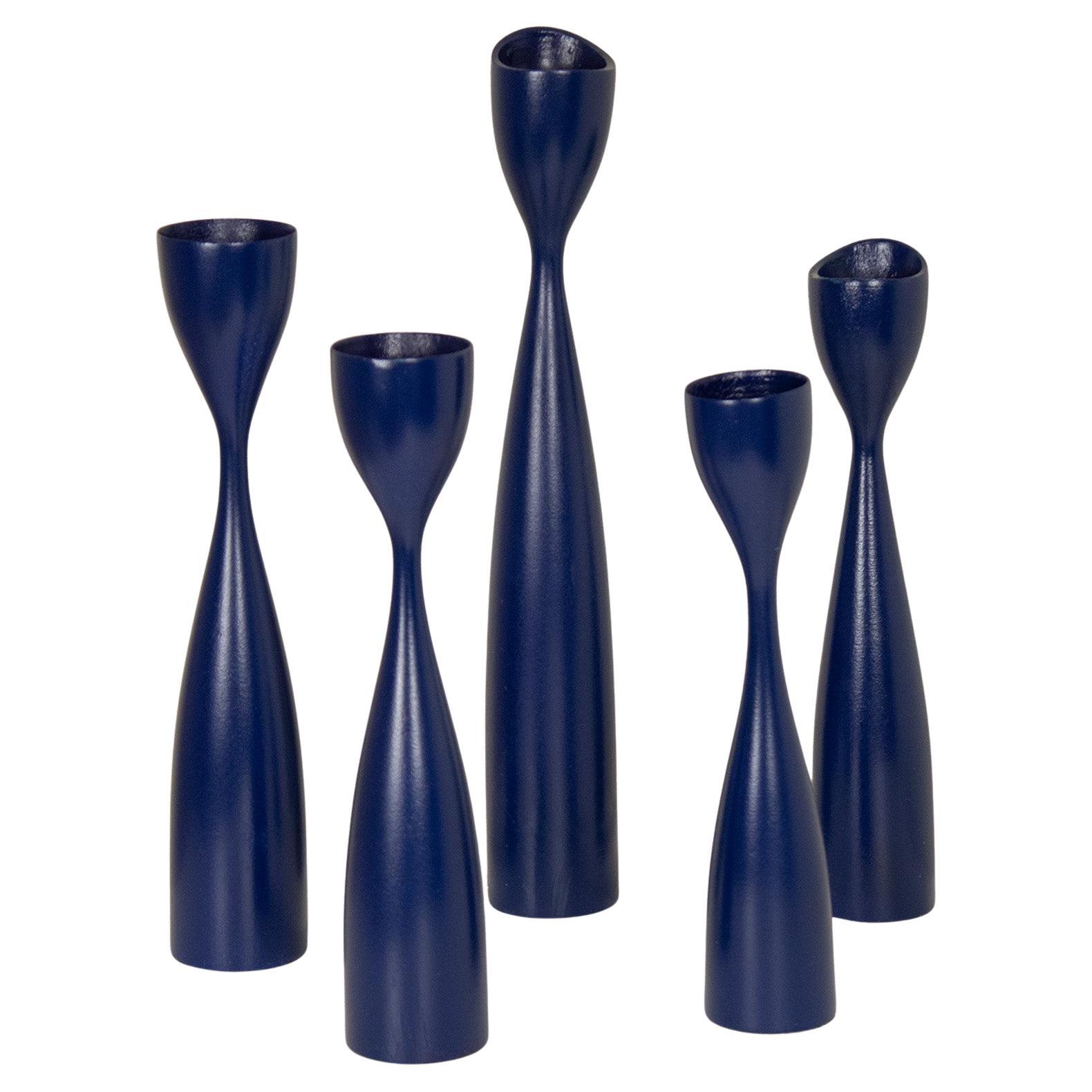 Scandinavian Minimalist Blue Wooden Candle Sticks Set of Five For Sale