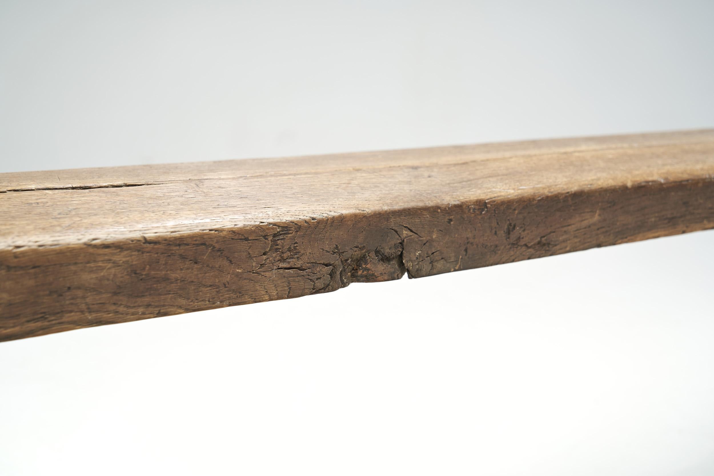 Scandinavian Minimalist Pine Bench with Trestle Legs, Scandinavia, ca 1950s 5