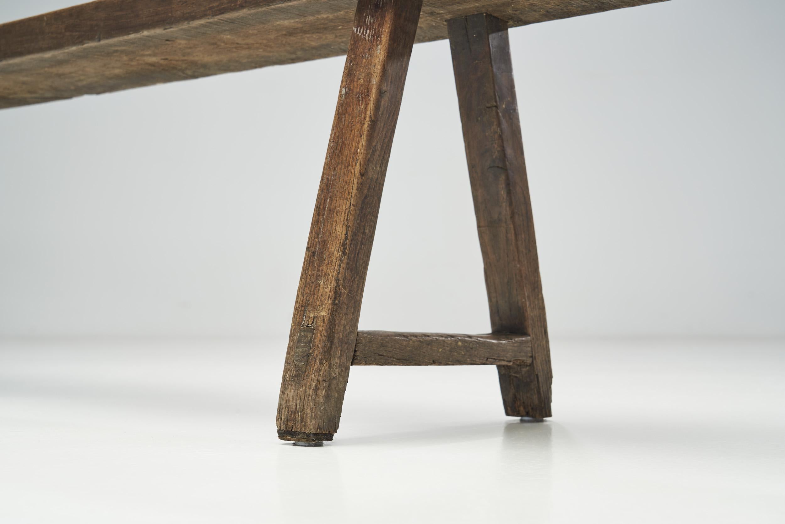 Scandinavian Minimalist Pine Bench with Trestle Legs, Scandinavia, ca 1950s 10