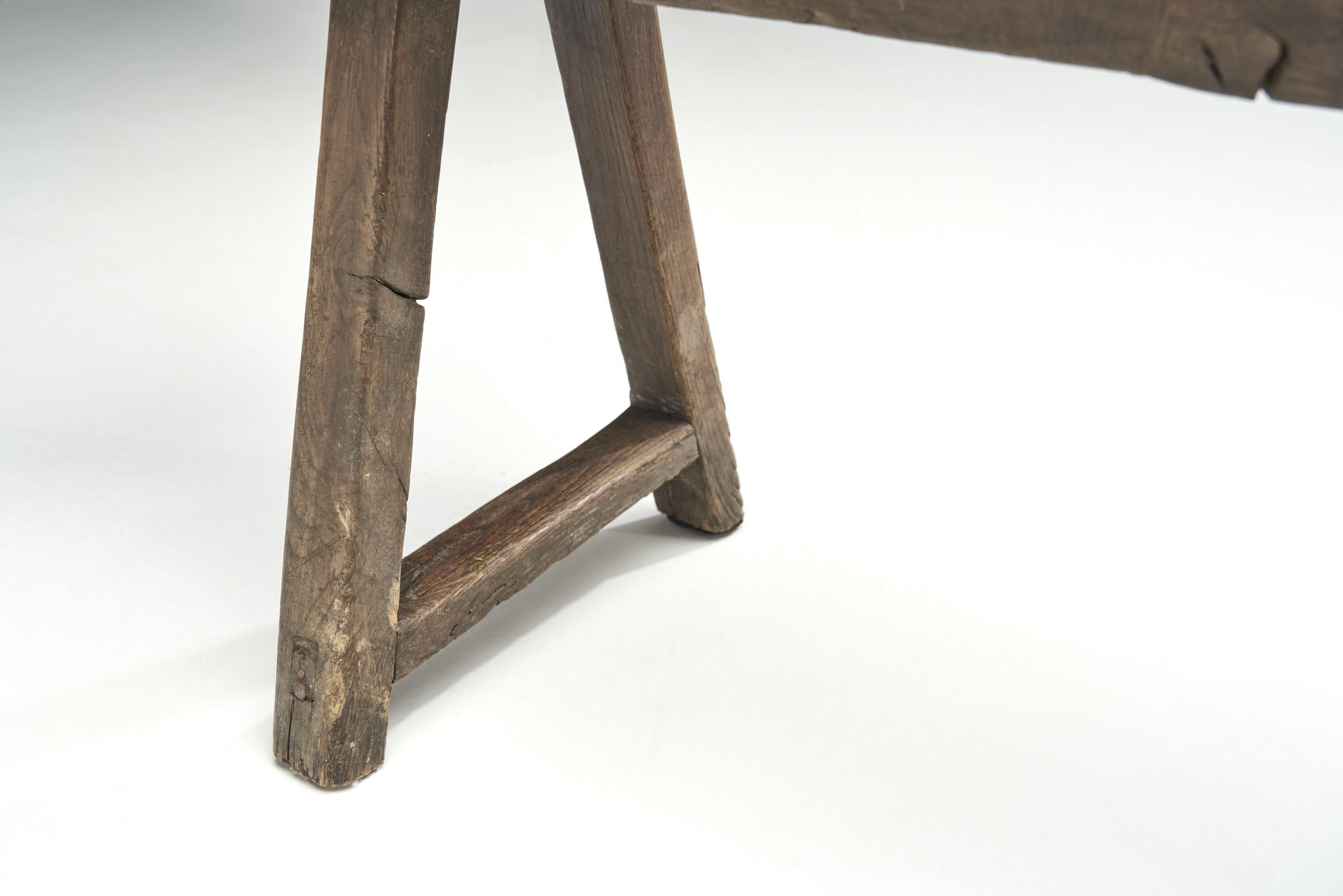 Scandinavian Minimalist Pine Bench with Trestle Legs, Scandinavia, ca 1950s 2