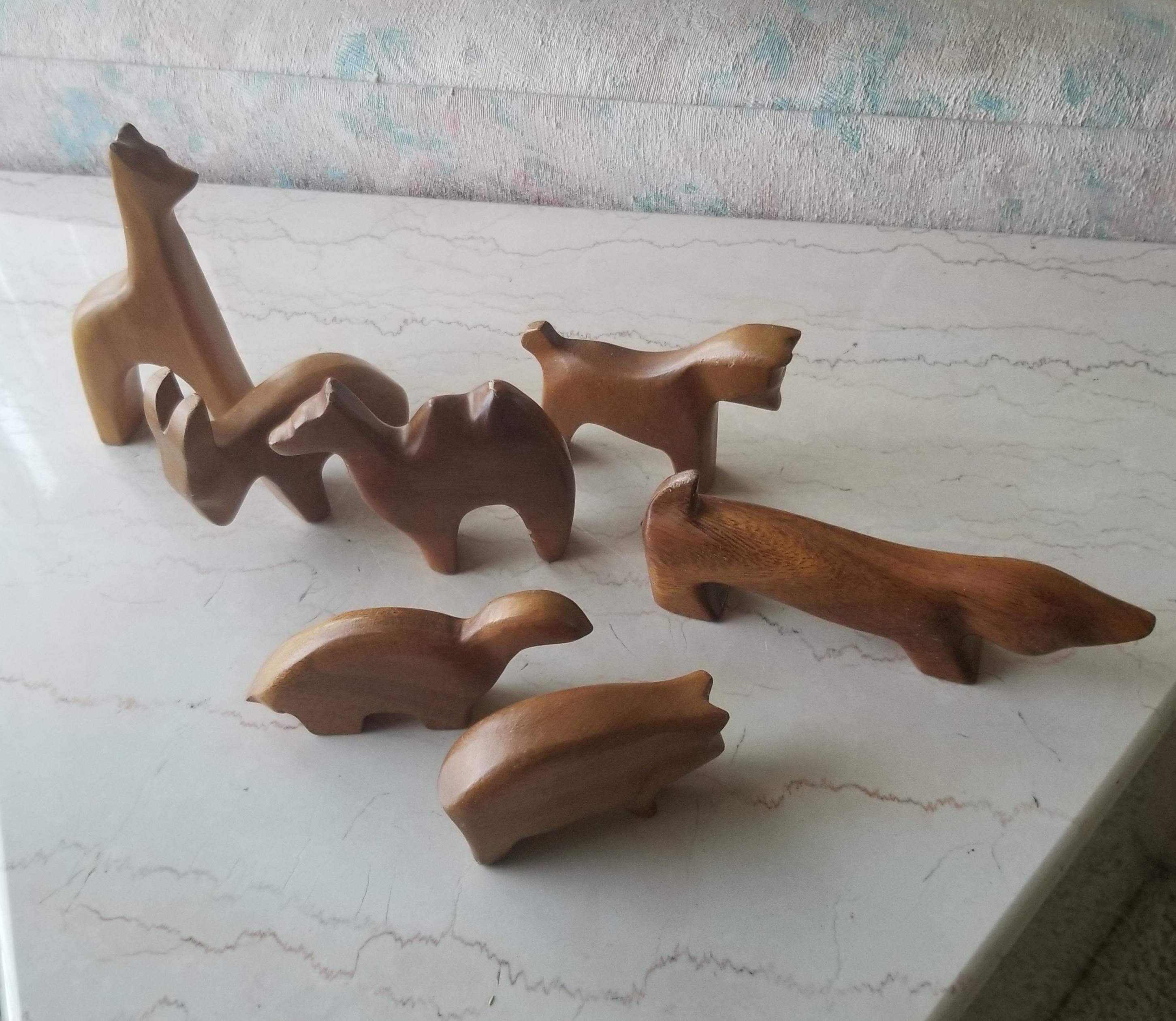Scandinavian Modern 1950s Vintage Carved Wood Animal Collection Set of 7 Norway 2
