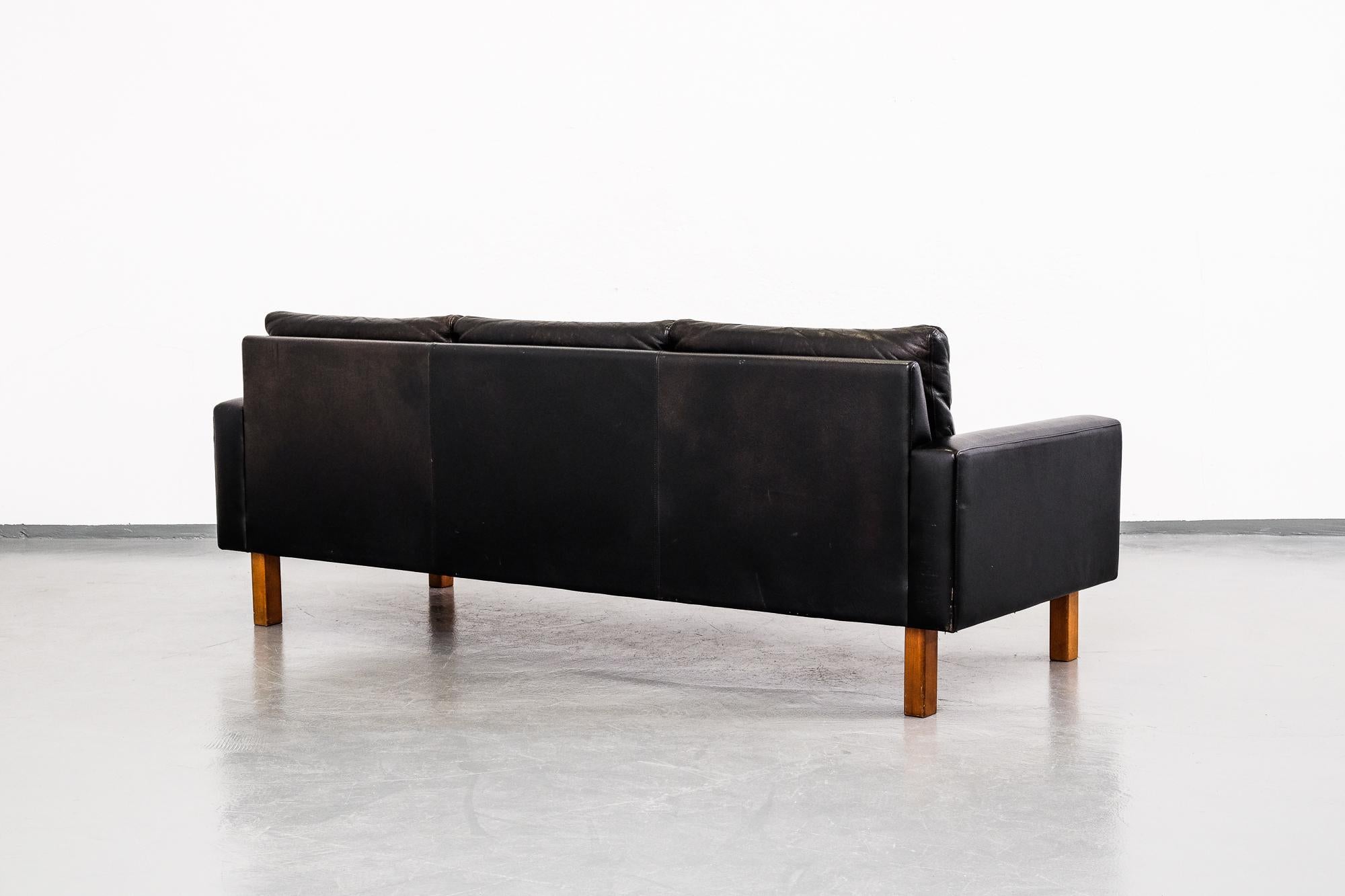 Scandinavian Modern 1960s Black Leather Three-Seat Sofa with Teak Legs 3