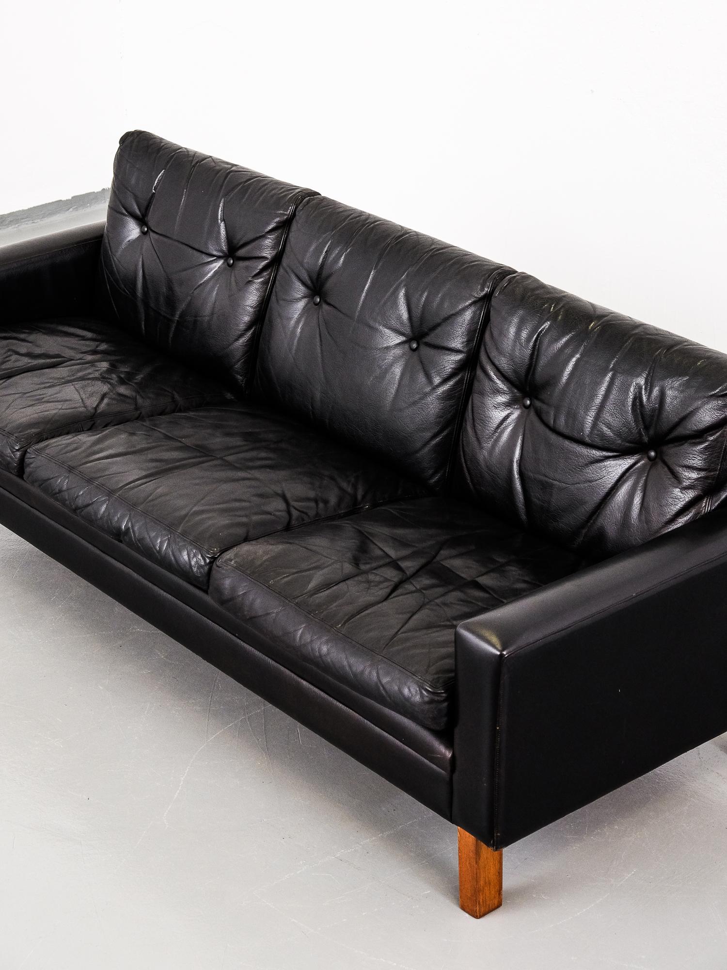 Mid-20th Century Scandinavian Modern 1960s Black Leather Three-Seat Sofa with Teak Legs