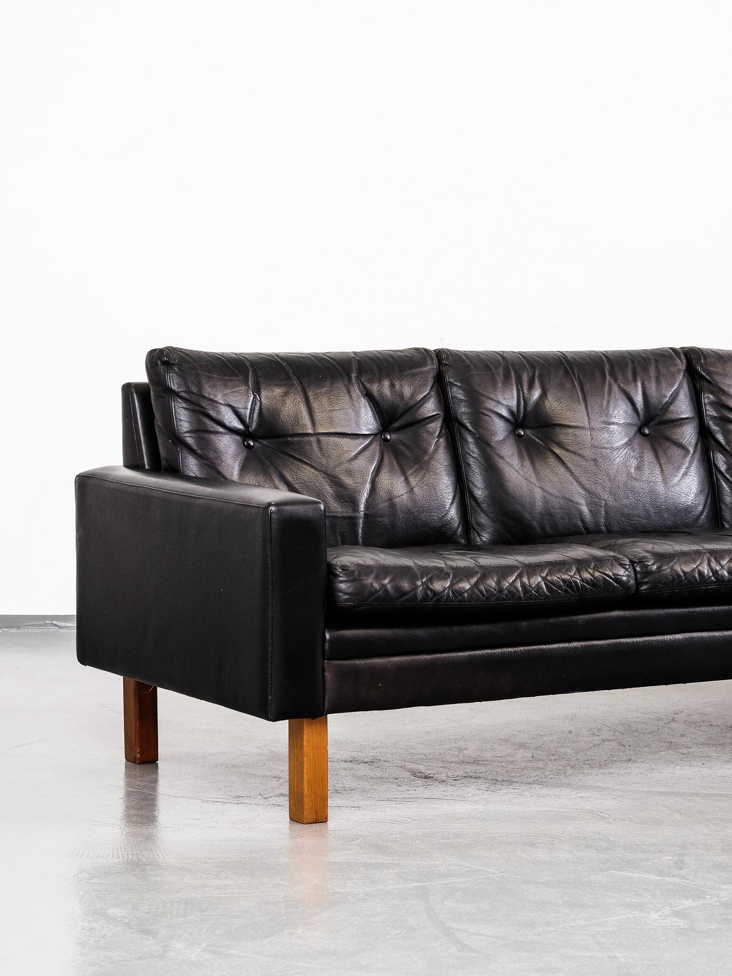 Scandinavian Modern 1960s Black Leather Three-Seat Sofa with Teak Legs 1