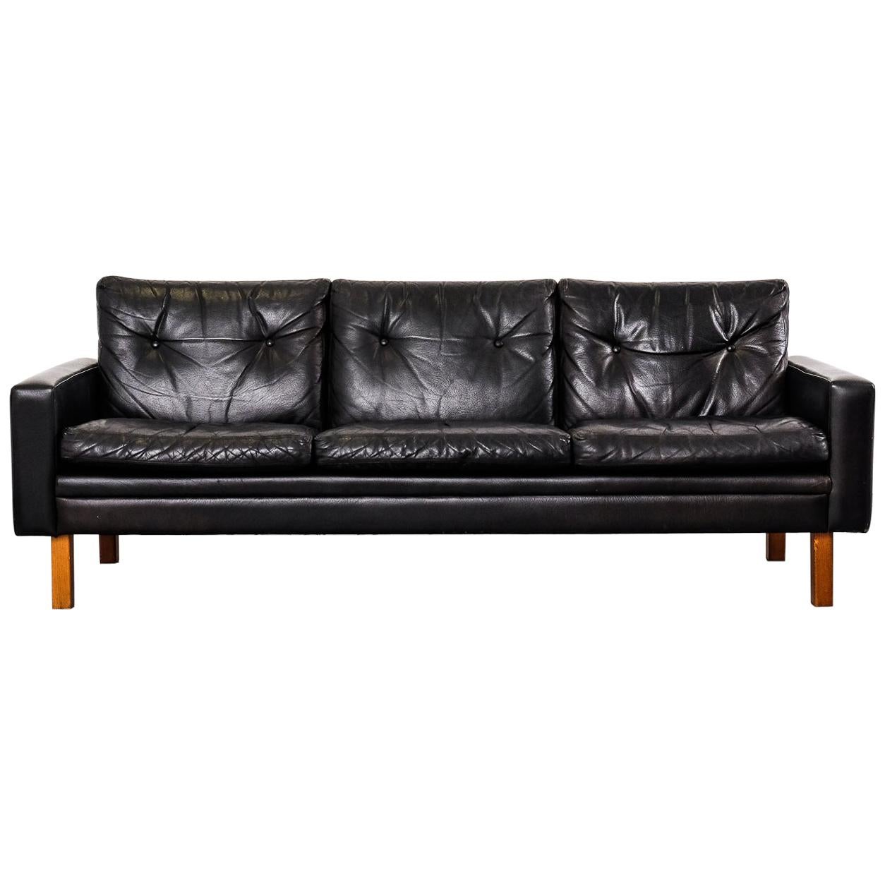 Scandinavian Modern 1960s Black Leather Three-Seat Sofa with Teak Legs