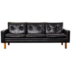 Scandinavian Modern 1960s Black Leather Three-Seat Sofa with Teak Legs