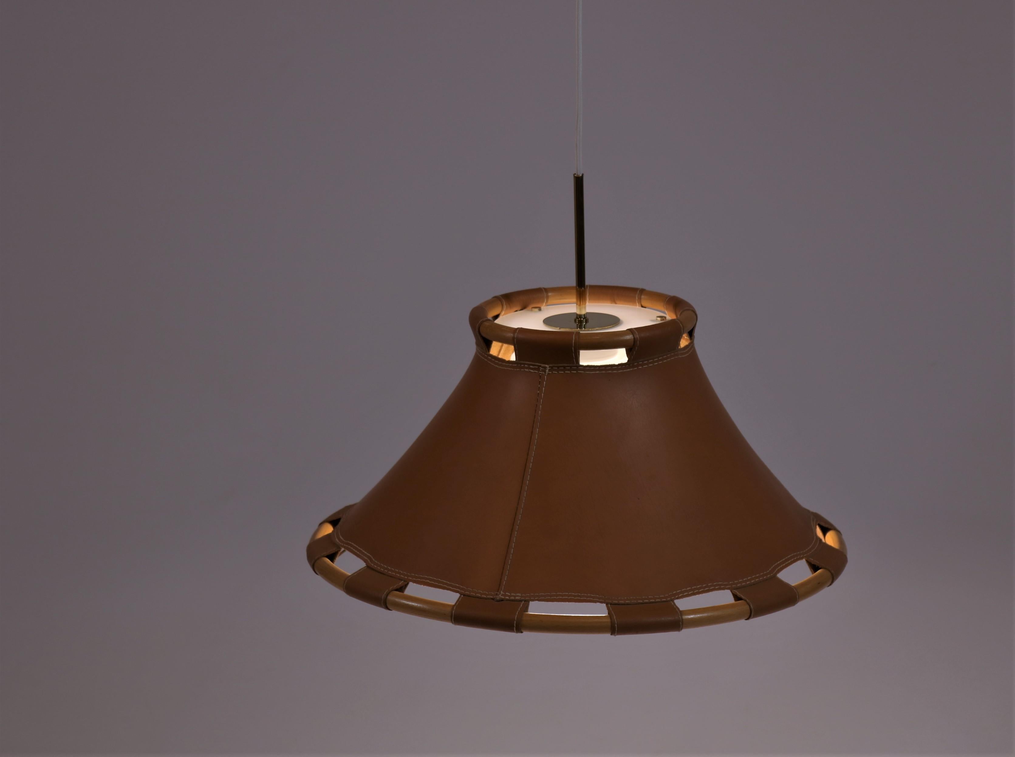 Swedish Scandinavian Modern 1970s Leather Pendant Lamp by Anna Ahrens for Ateljé, Sweden