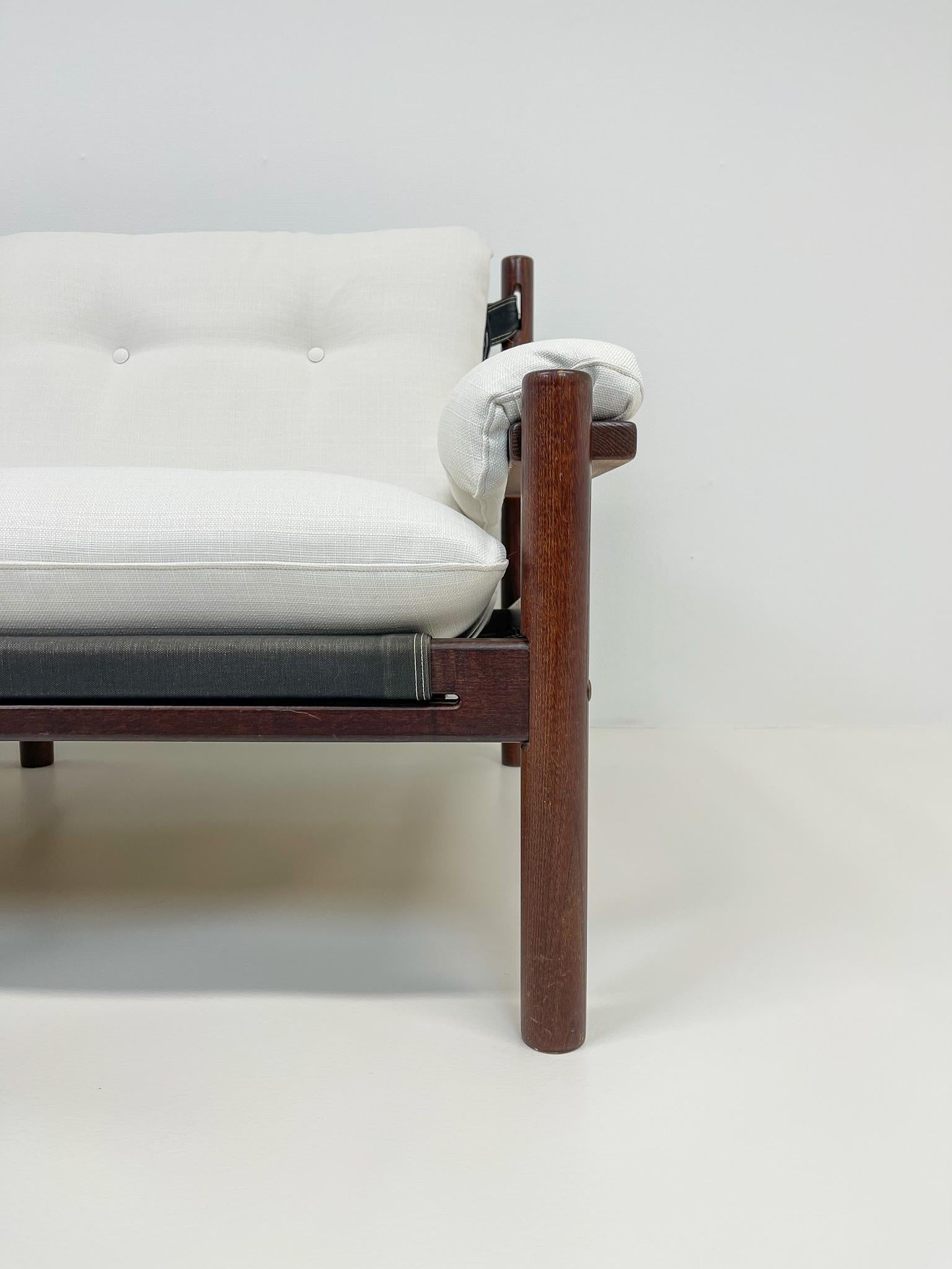 Swedish Scandinavian Modern 2 Seat Sofa White Textile and Stained Wood