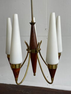 Scandinavian Modern 5-Arm Teak & Brass Chandelier, Bent Karlby, Denmark, 1950s