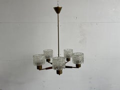 Scandinavian Modern 5-Arm Teak Brass Textured Glass Chandelier, Sweden, 1960s