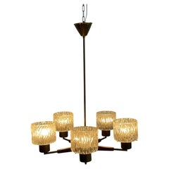 Scandinavian Modern 5-Arm Teak Brass Textured Glass Chandelier, Sweden, 1960s