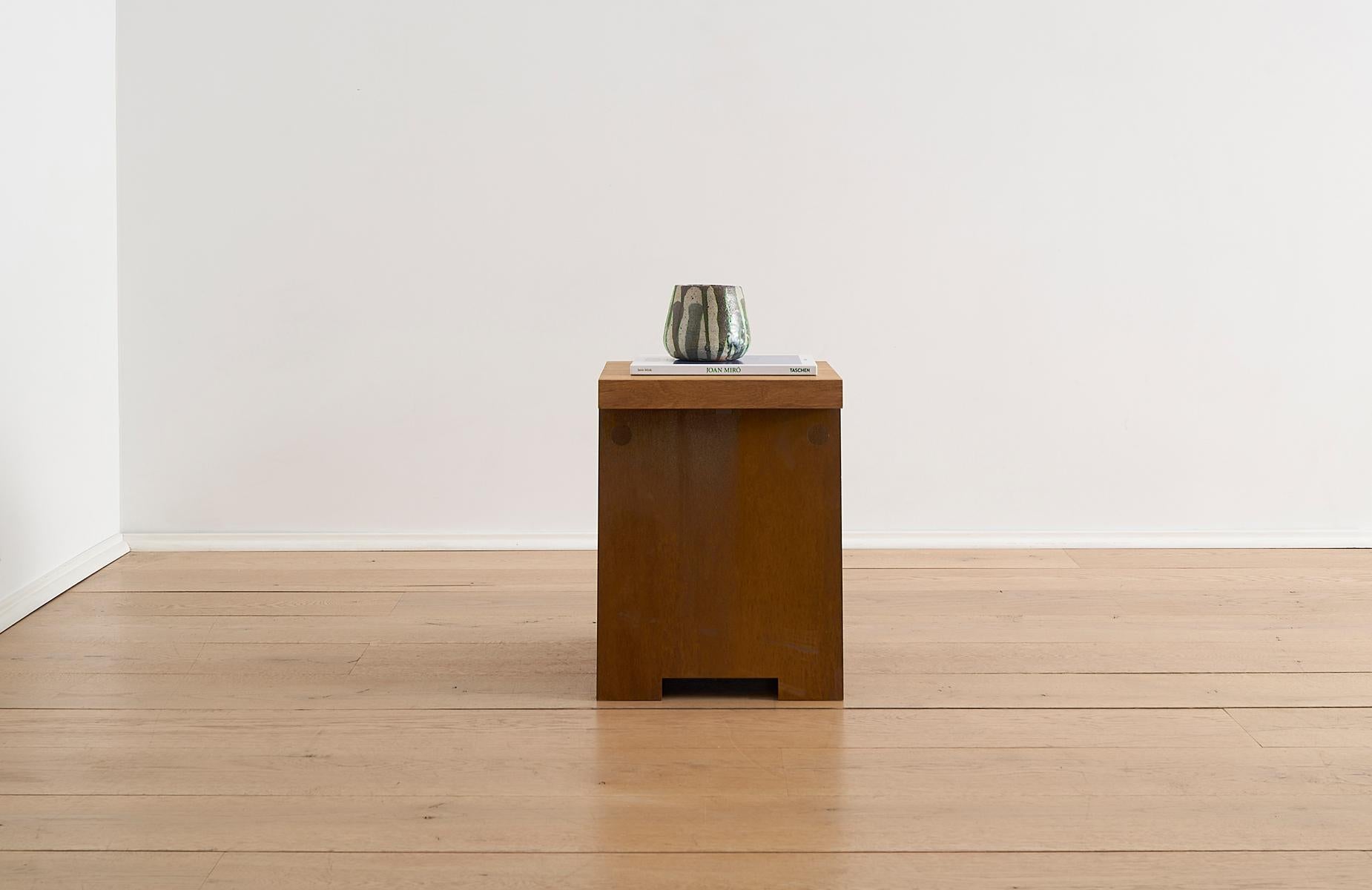 Contemporary Scandinavian Modern 64 Plinth Stool Side Table in Oiled Oak and Corten Steel For Sale