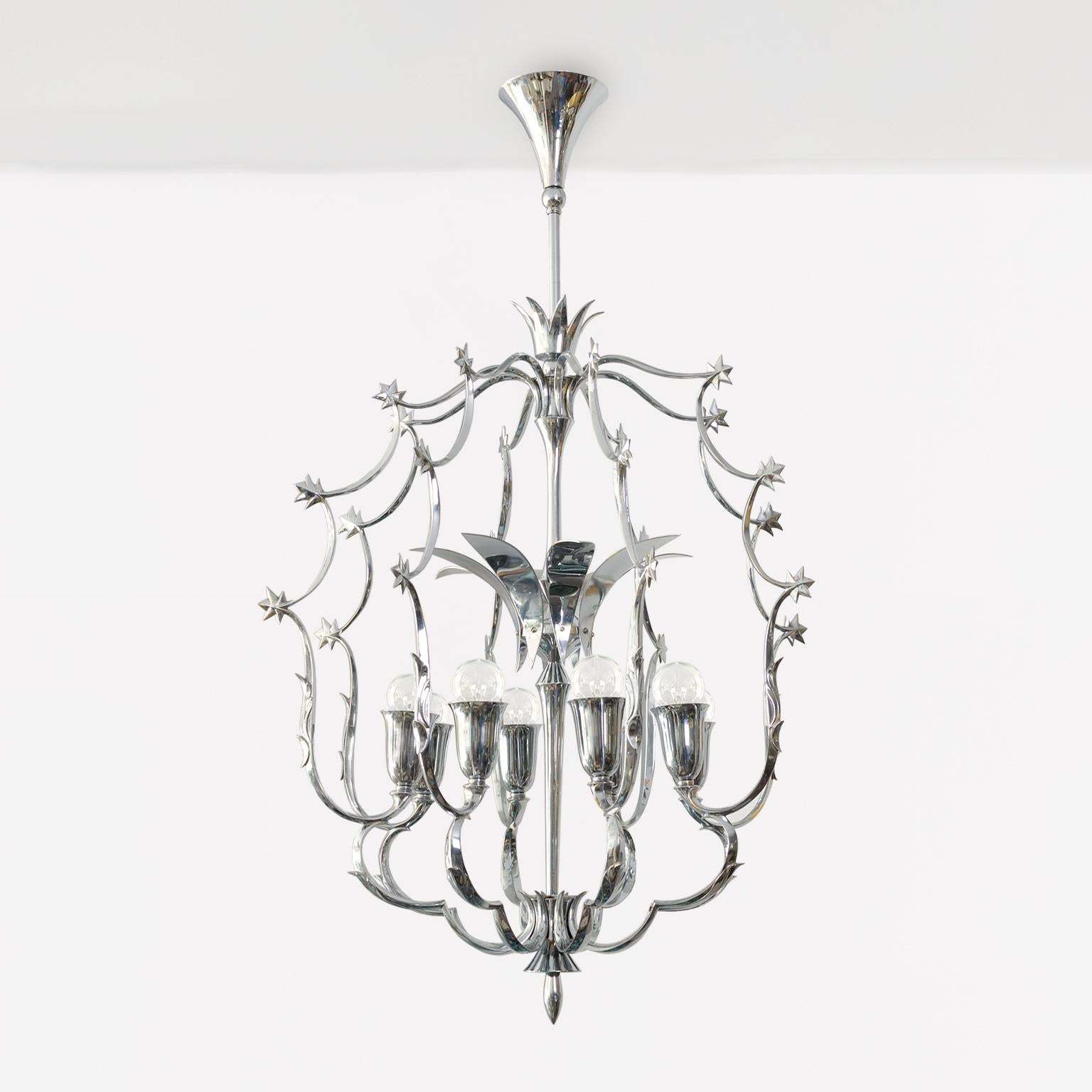 Art Deco Scandinavian Modern 8 light chandelier in chromed brass 1940 For Sale