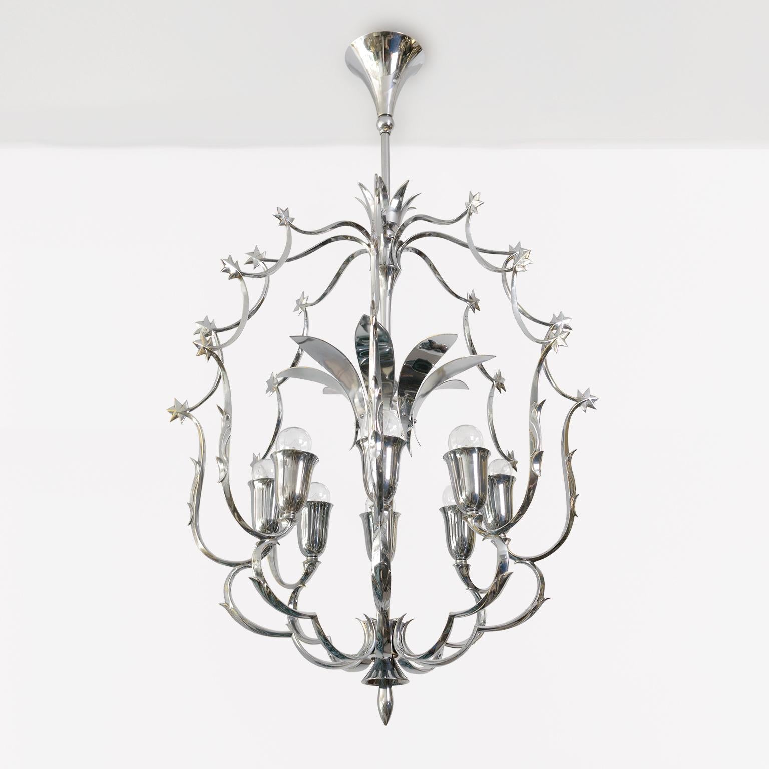 Scandinavian Modern 8 light chandelier in chromed brass 1940 In Good Condition For Sale In New York, NY