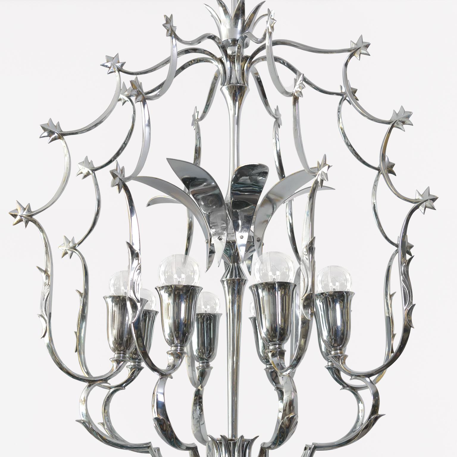 Brass Scandinavian Modern 8 light chandelier in chromed brass 1940 For Sale