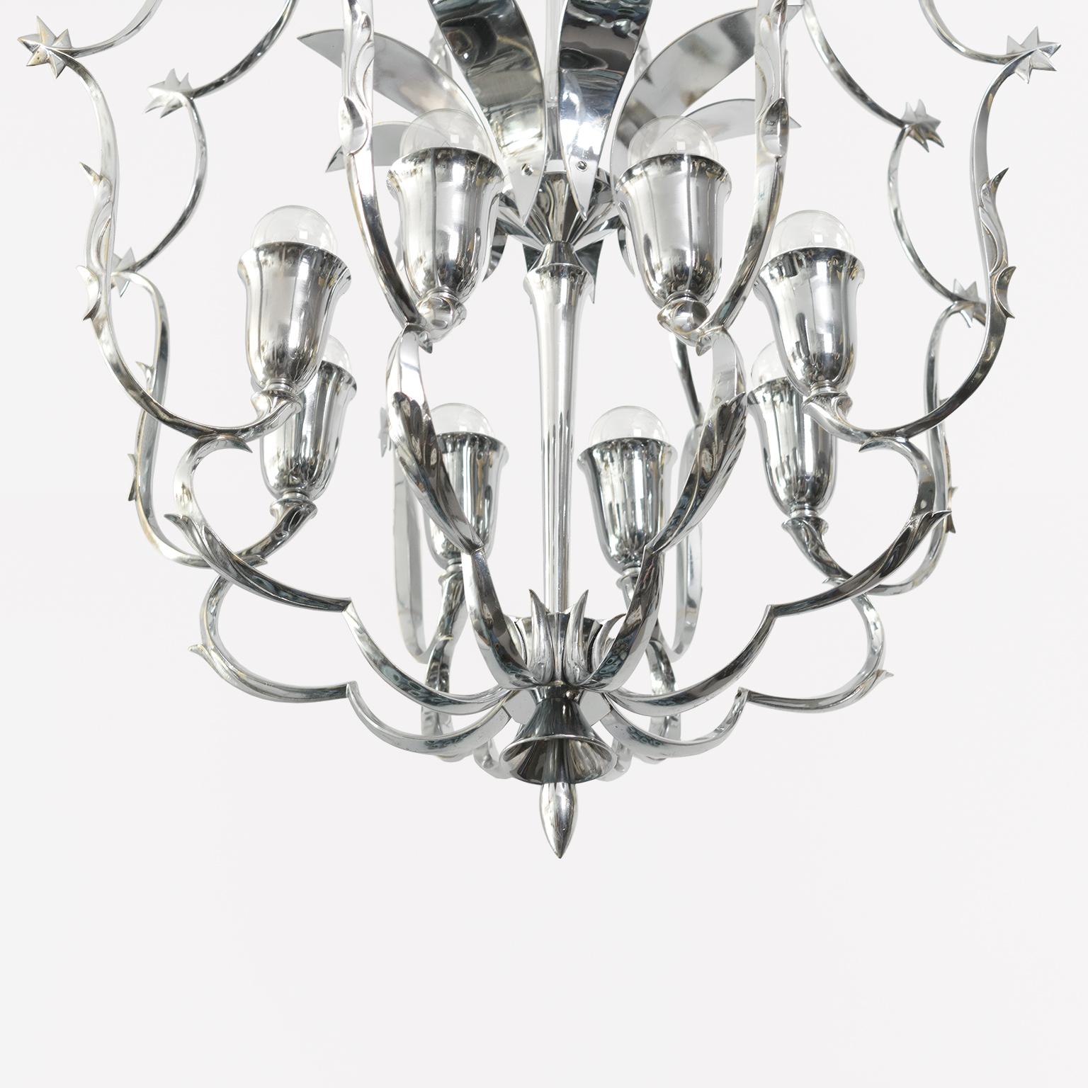 Scandinavian Modern 8 light chandelier in chromed brass 1940 For Sale 1