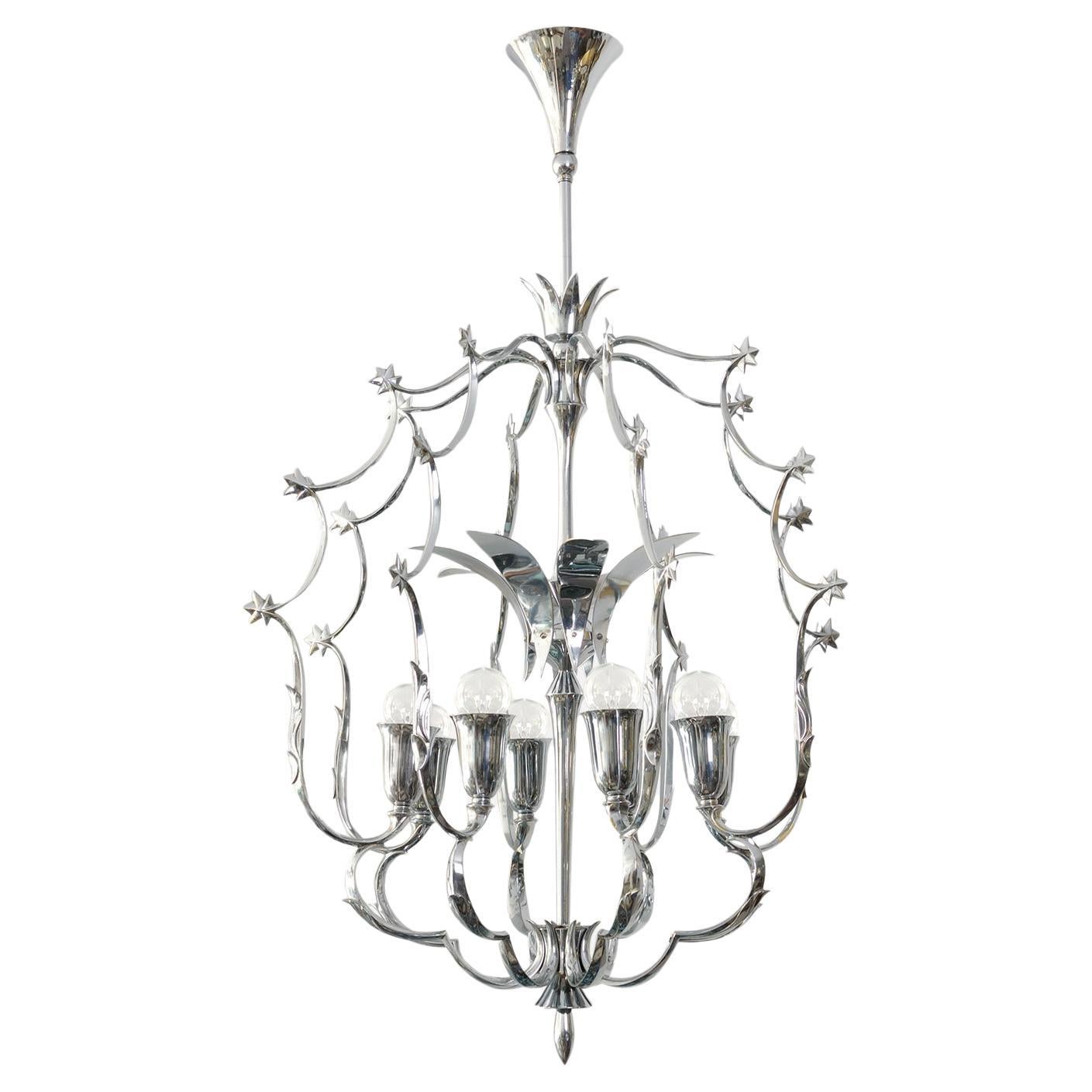 Scandinavian Modern 8 light chandelier in chromed brass 1940 For Sale